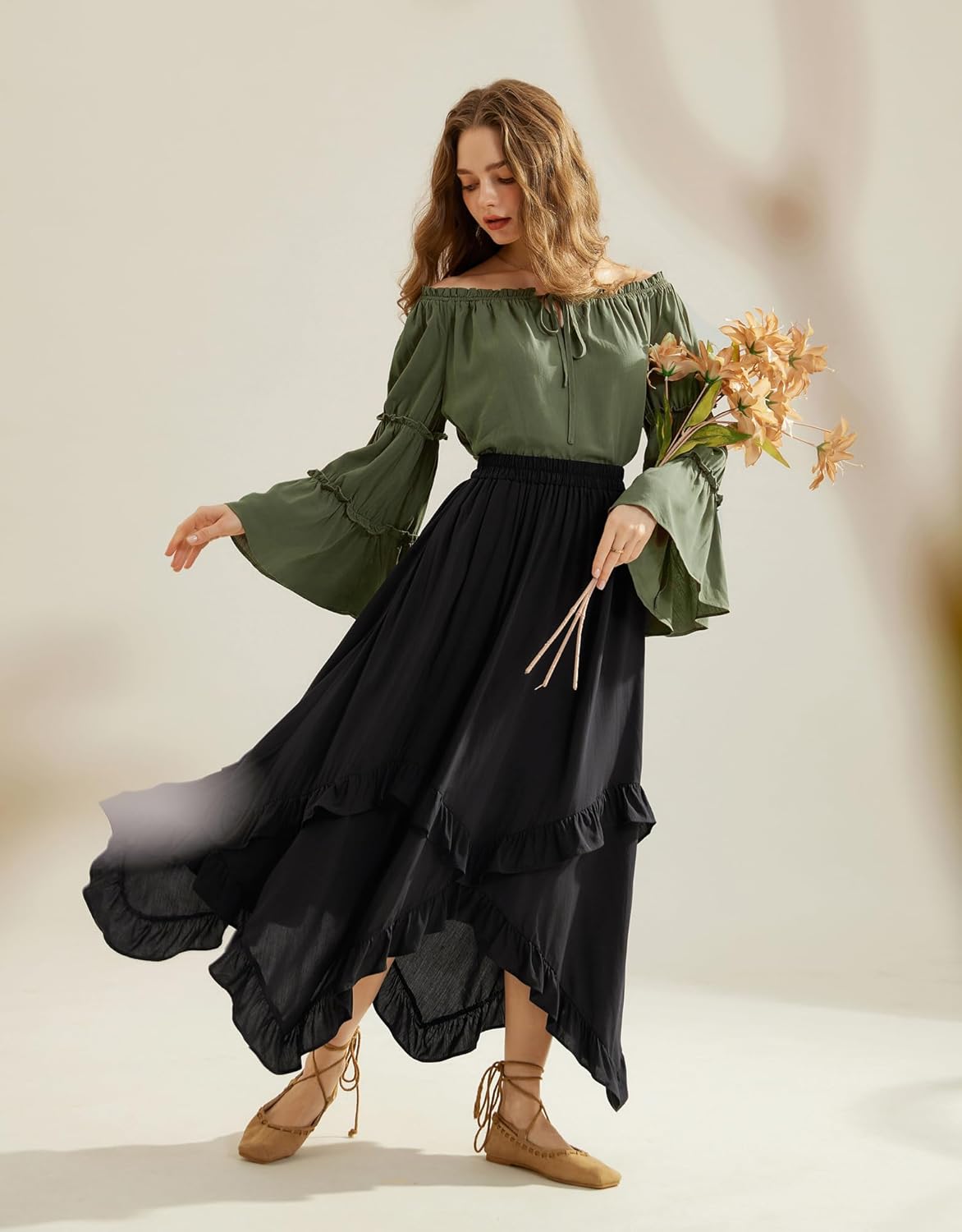 Scarlet Darkness Women Bell Sleeve Tops Ruffle Off Shoulder Casual Loose Renaissance Peasant Blouse - Image 4