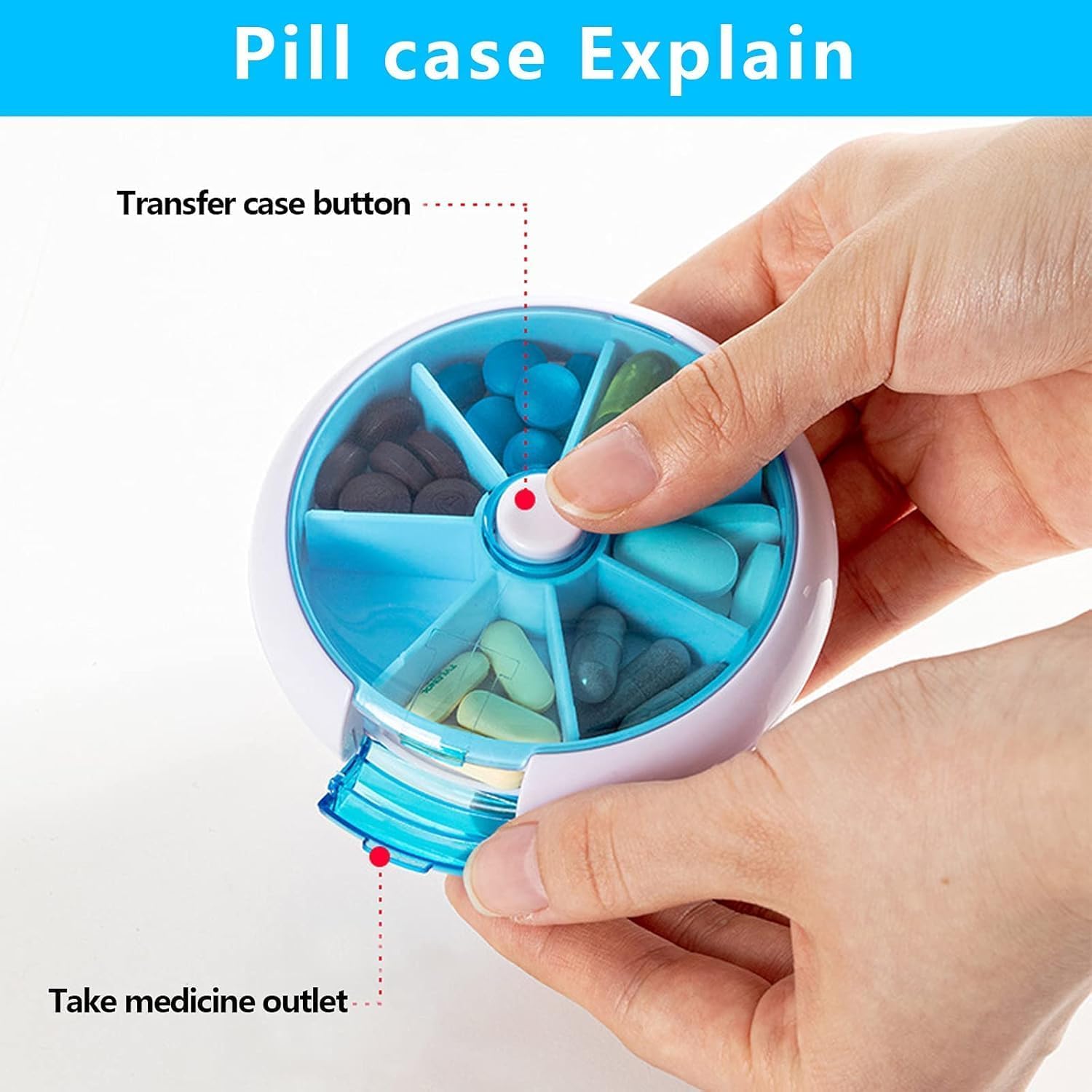 Xeerabdi Travel Pill Organizer–Round Rotating Pill Box with 7 Compartments,Easy Open Lid for Seniors and Daily Medication 3