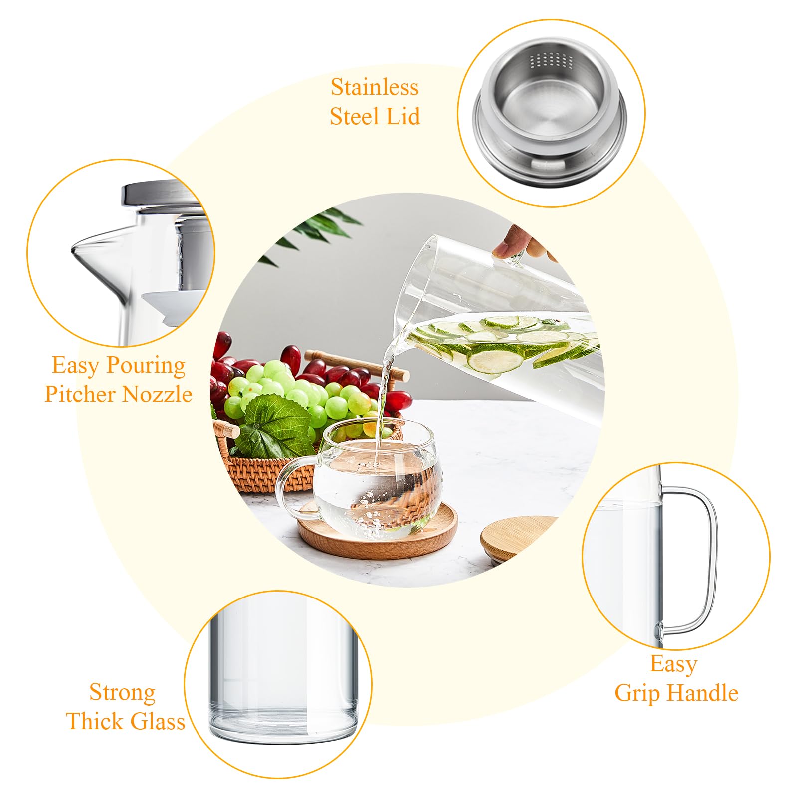 Hsei 2 juegos de jarra de vidrio con tapa, jarra de agua de 1500 ml con asas para bebidas frías y calientes, jarra de vidrio para té, jugo, leche, café, bebidas heladas