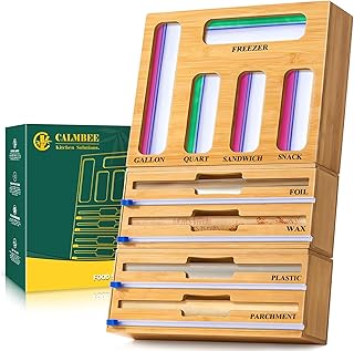 Calmbee Storage Bag Organizer and Wrap Dispenser with Cutter, 9 IN 1 Bamboo Foil and Plastic Wrap Organizer for Kitchen Drawer, Plastic Bag Organizer for Gallon, Quart, Sandwich, Snack