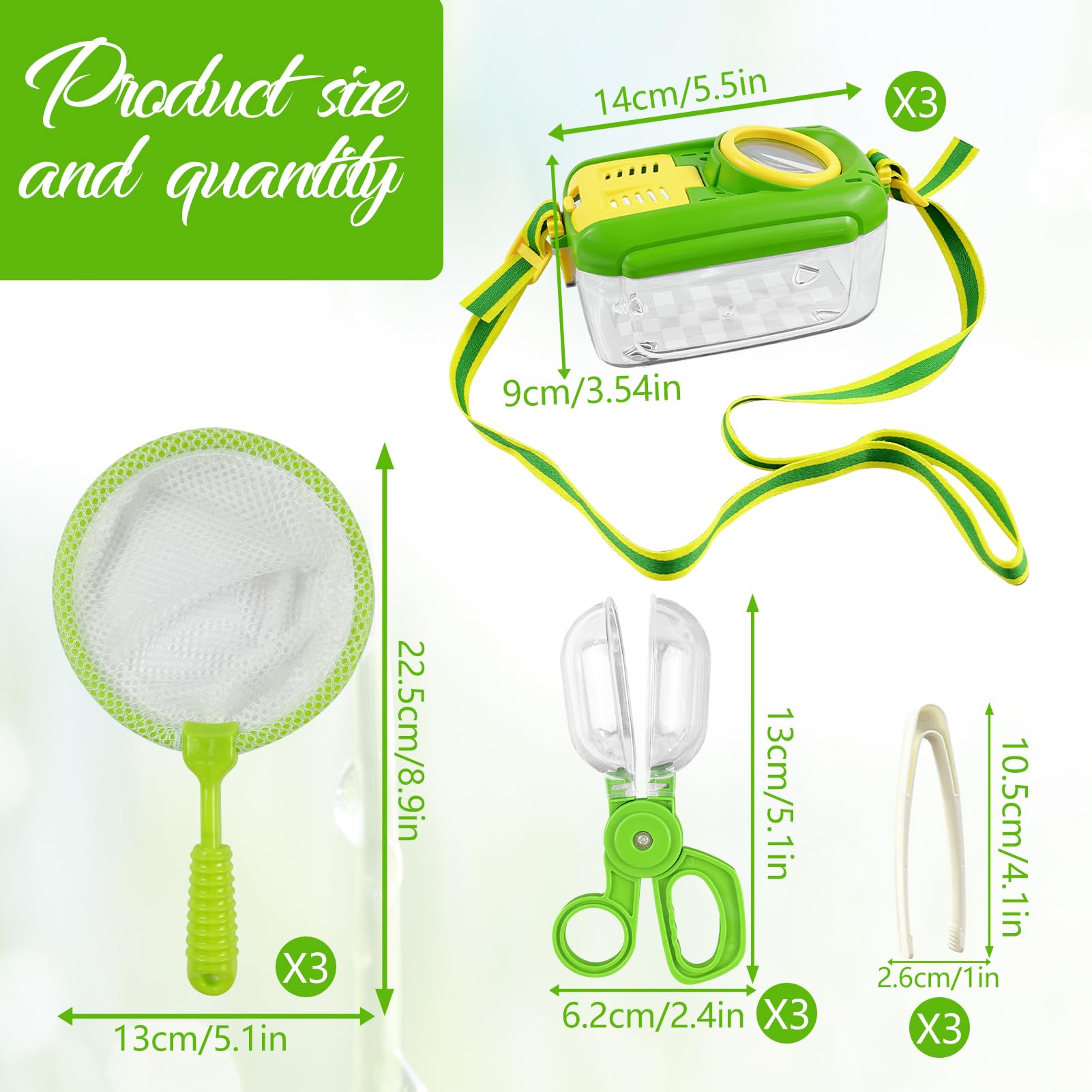 3 Sets Bug Catcher Kit for Kids Outdoor Exploration Kit Kid Summer Toys Nature Explorer Kit Bug Collection Kit with Insect Catcher Box, Butterfly Nets, Tweezers for Kids 3 4 5 6 7 8+ Years Old (Green)