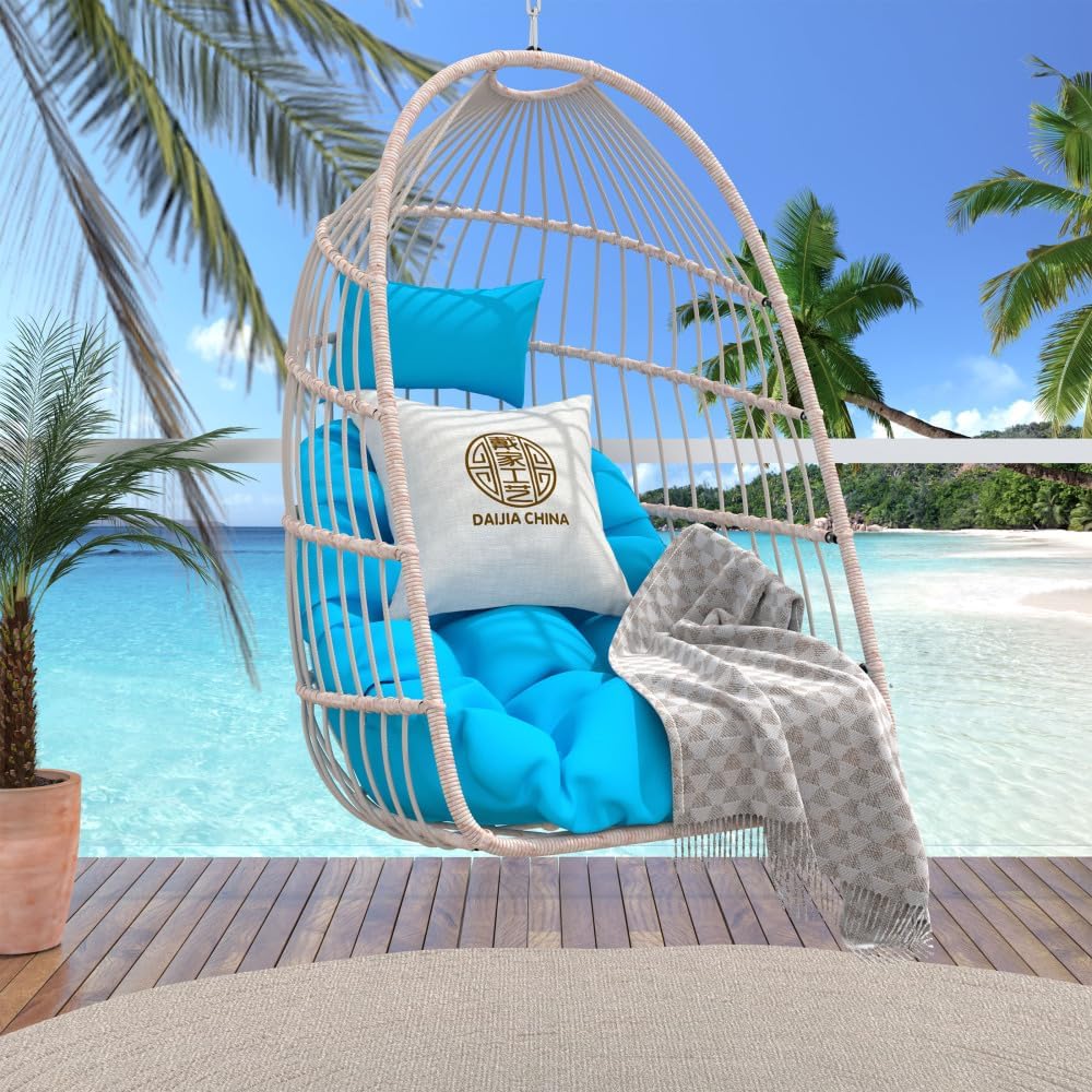 Foldable Patio Hanging Egg Chair Set Weather-Resistant Resin Wicker Swing Pod with Removable Washable Polyester Cushion Headrest Pillow Stainless Steel Hanging Kit Heavy-Duty (Blue + HDPE)