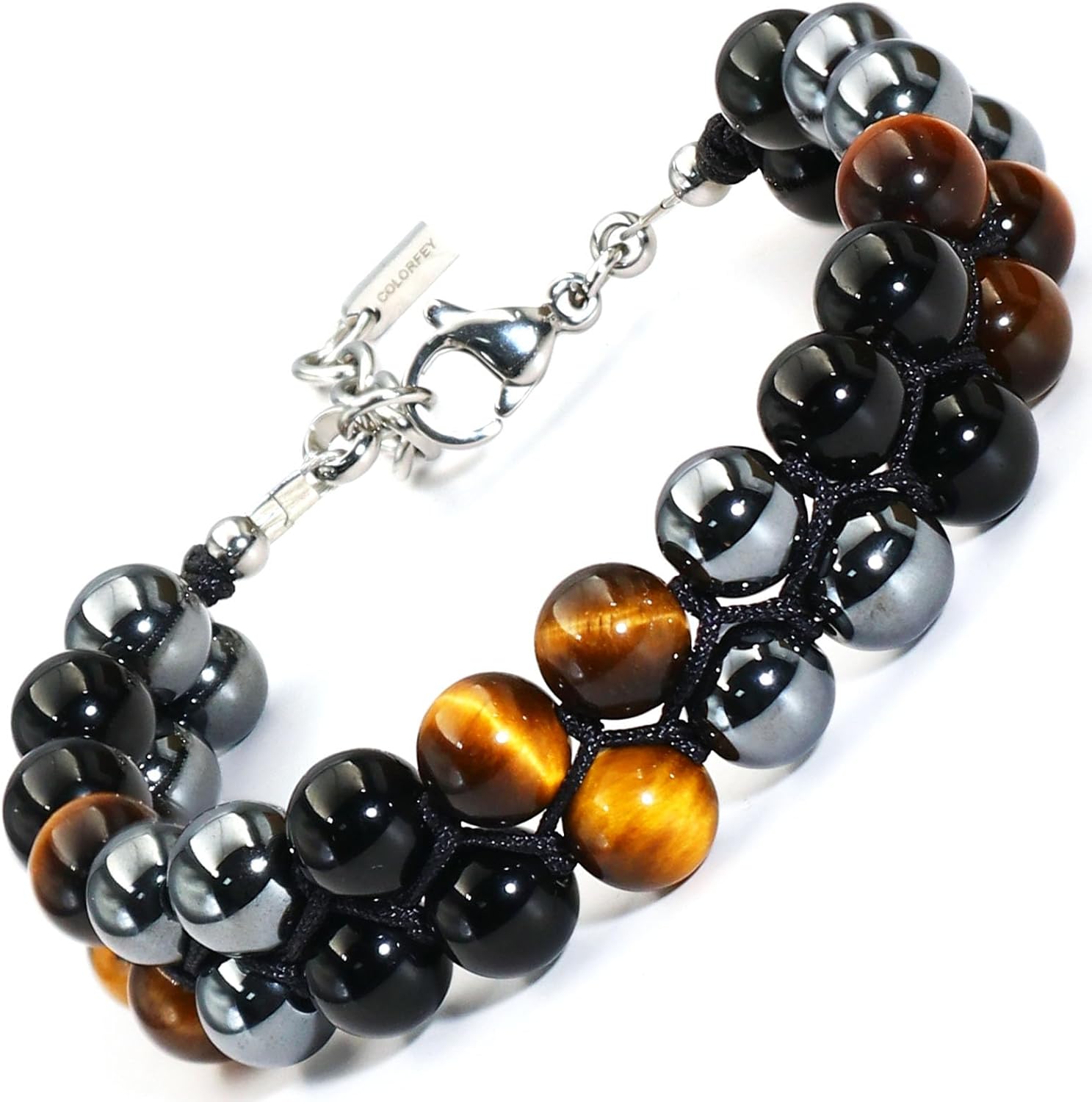Protection Crystals Beaded Bracelet for Mens Gifts, COLORFEY Real Tiger Eye Black Onyx Stone Bracelets Precious Gemstone Bracelets 8mm, Handmade Healing Energy Crystal Bracelet 2Row for Father Husband