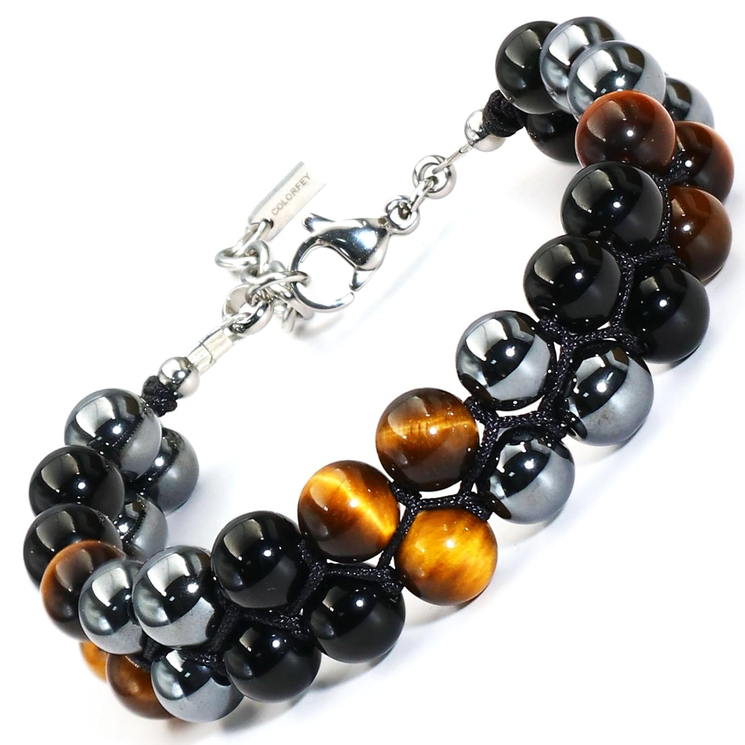 COLORFEY Mens Bracelet Beads Healing Crystals Tiger Eye Black Obsidian Hematite Stone Bracelets Premium Handmade Beaded Bracelet 8mm