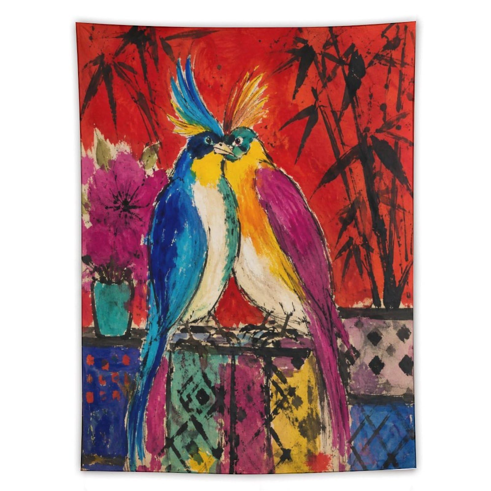 H3B8U2Y5 Colorful Parrot Pair Wall Tapestry, Realistic Illustration