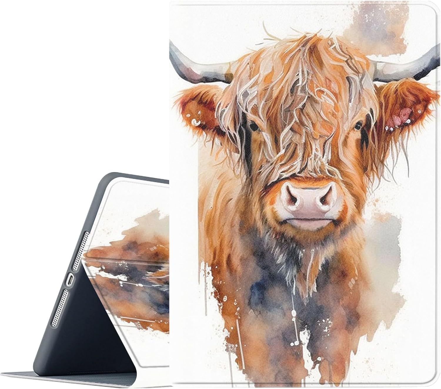 Case for iPad Air 1/2, iPad 9.7-Inch (2017/2018 Model,5th/6th Generation),Adjustable Stand Auto Wake/Sleep Function Full Body Protection Cover - Watercolour Highland Cow