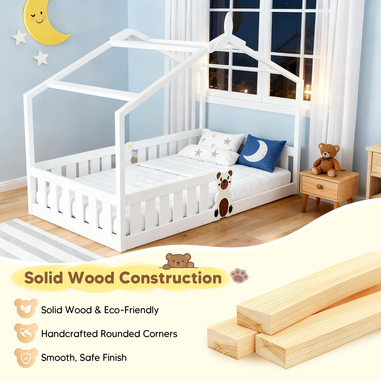 Cama Casa Infantil con Techo 205x95cm, Cama Montessori Blanca a RAS de Suelo en Madera Maciza Pino, Barreras de Seguridad, 100kg de Carga, Baja para Niños Pequeños