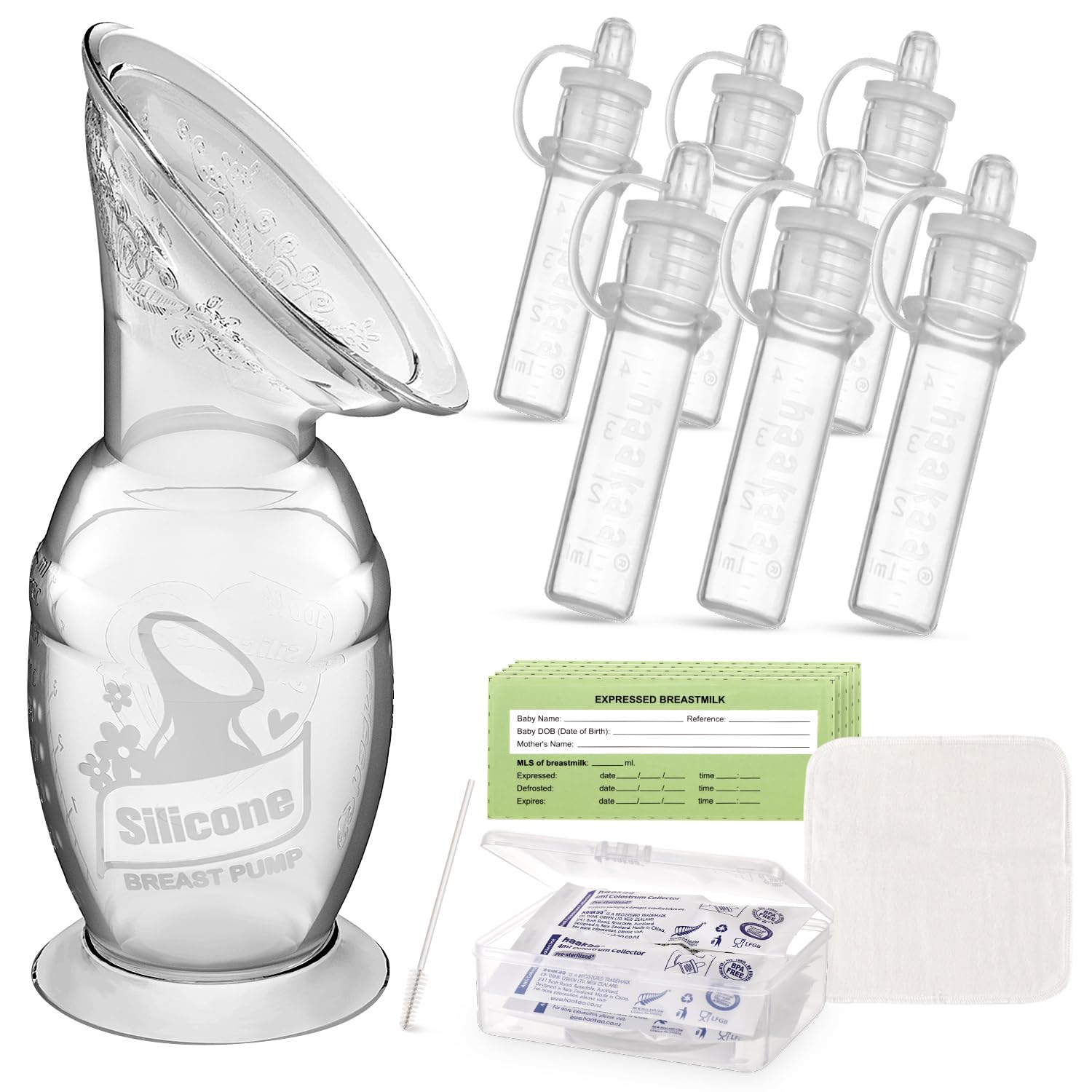 haakaa Manual Breast Pump 5oz/150ml & Silicone Colostrum Collector Kit Ready-to-Use Pack (0.1oz/4ml, 6pcs)