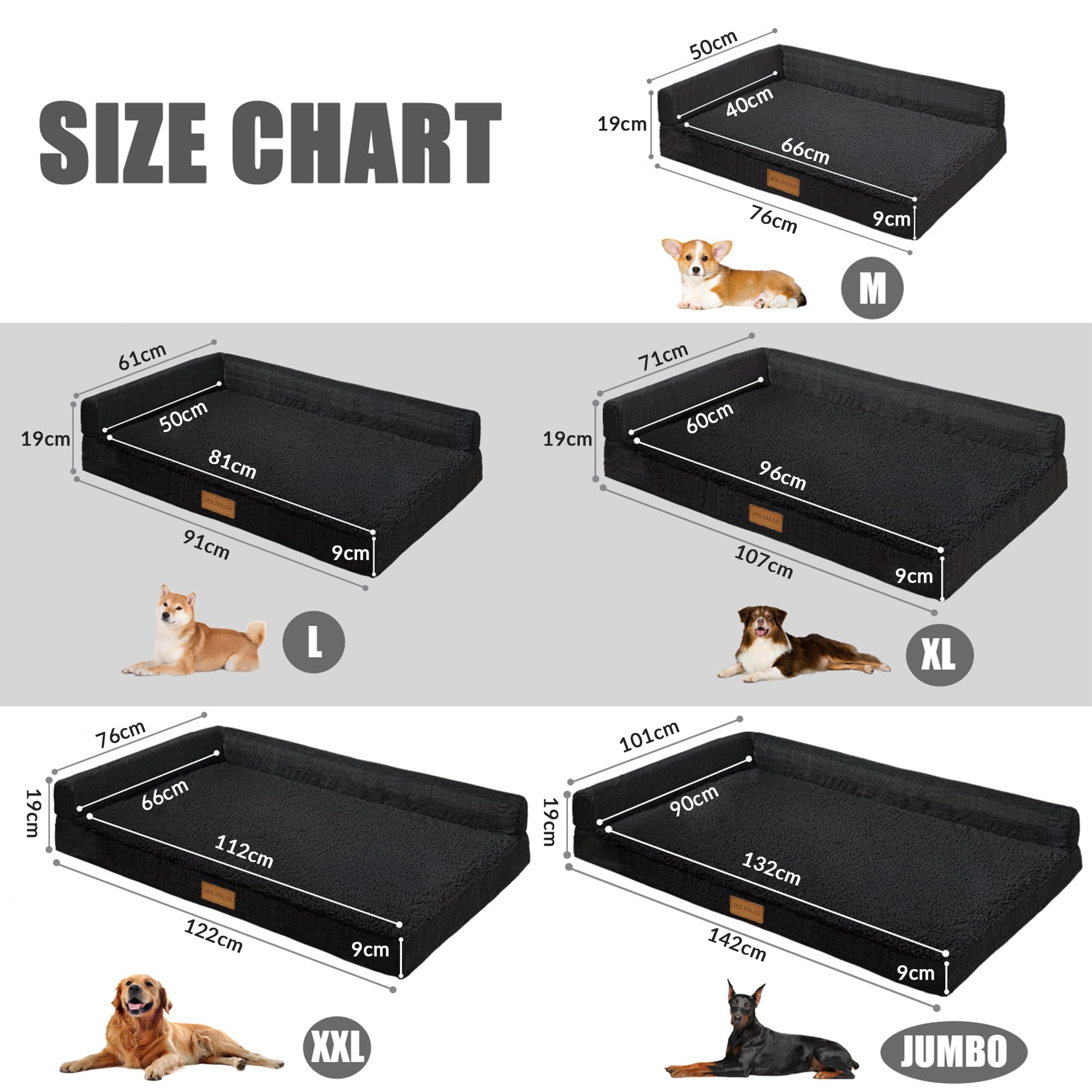 Panier Grande Taille Chien Orthopédique, Lit Matelas Chien en Forme L, Coussin Déhoussable Lavable en Machine, Tapis Matelas Moelleux, houssable Imperméable, Base antidérapante, 91x61cm, Noir