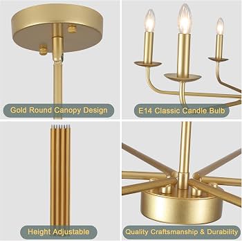 ASHUAQI Lustre Vintage 5 Lumières Doré – Style Industriel Classique Bougie, Métal Or, E14 Dimmable, Pour Salon, Salle à Manger, Chambre