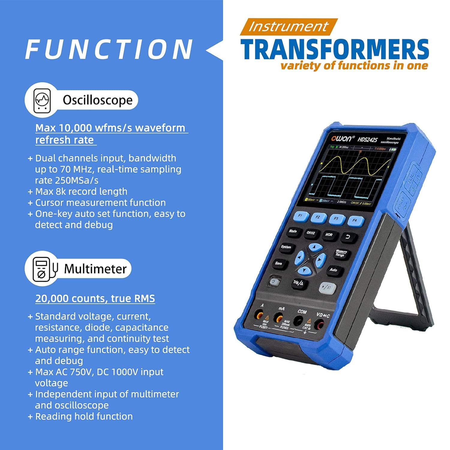 Osciloscopio digital portátil para automoción, 2 canales, ancho de banda de 40 MHz, frecuencia de muestreo de 250 MSa/s, 20 000 cuentas, 3 en 1, voltaje, corriente y condensador (HDS242S)