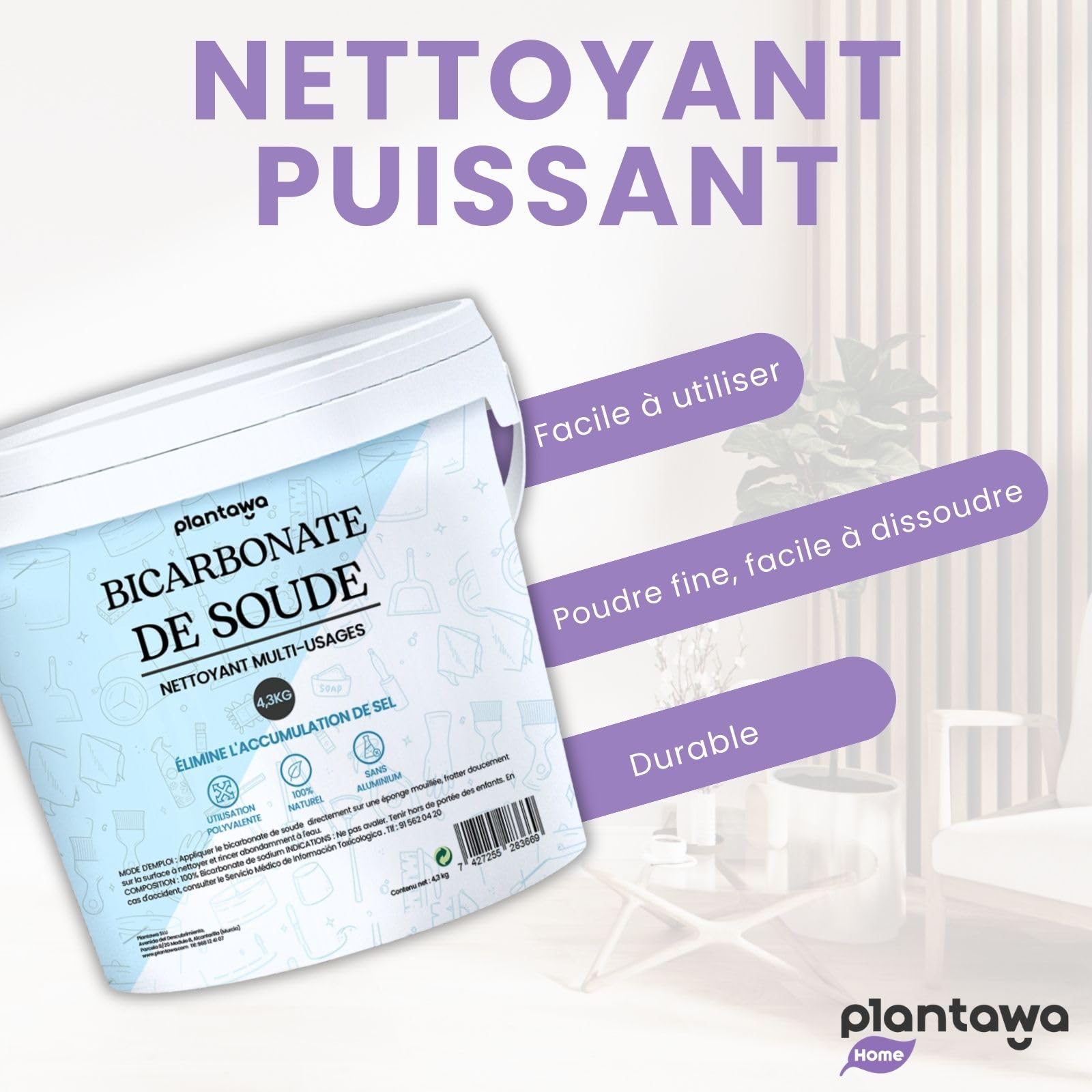 PLANTAWA Bicarbonate de Soude Ménager 4,3kg | Bicarbonate de Soude Multi-Usages | Détachant, Blanchissant et Élimine Odeurs et Graisse | Origine Naturelle et Pure