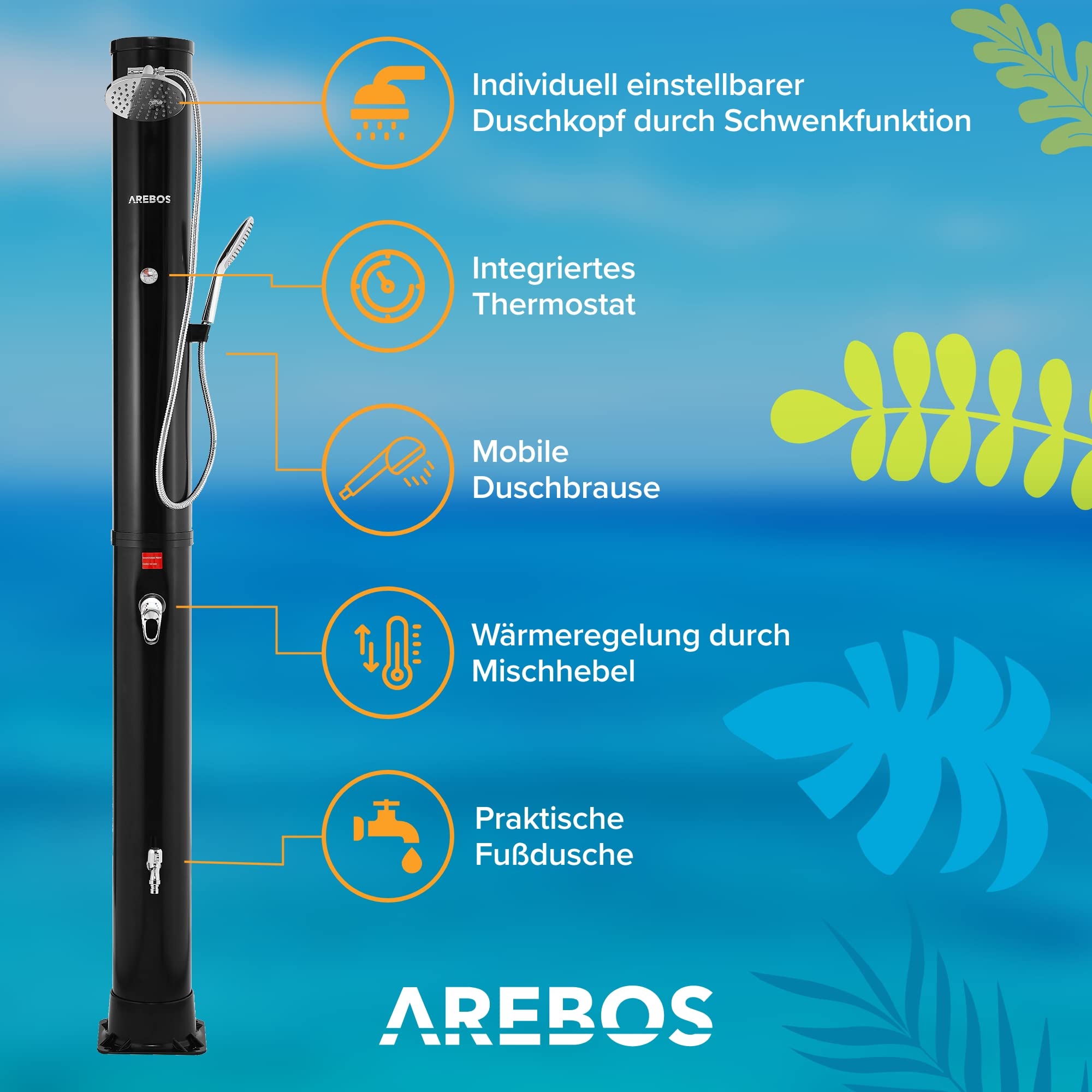 Arebos Solardusche 40L Premium & Bodenelement Anthrazit | inkl. Abdeckhaube & Montagematerial | mit integriertem Thermometer & Fußdusche | Gartenschlauch-Anschluss | Schwarz