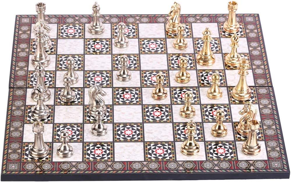Classic Chess Set for Adults,Handmade Pieces and Mosaic Design Folding Wooden Chess Board King 2.96 inc (Gold-Silver)