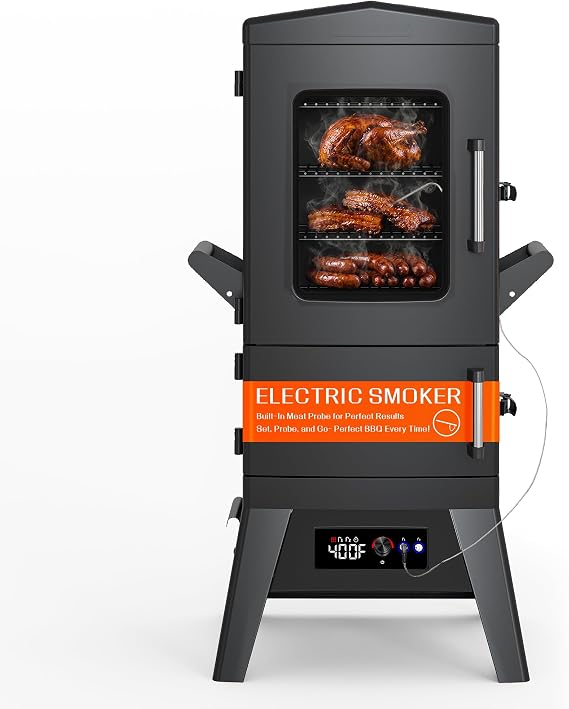 Electric Smoker 40 Inch Vertical Smoker with Meat Probe, Digital Temperature Control & Wood Chip Loader, 633 Sq In BBQ Smoker with 4 Racks & Weatherproof Cover for Brisket, Ribs, Turkey, Fish