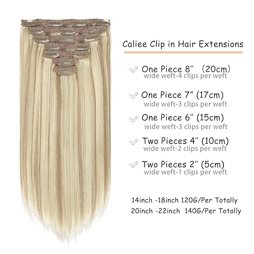 Miniatura 2 de Caliee Extensiones de cabello humano Remy lacio y sedoso invisible con clip, color marrón dorado #10, rubio decolorado #613, sin costuras, doble