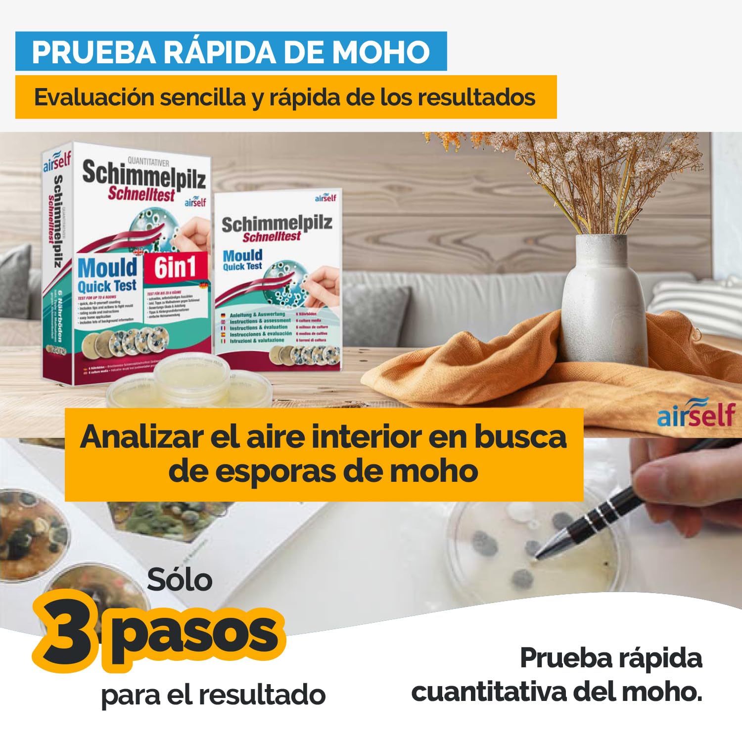 Test de moho para el hogar – Test rápido para 6 habitaciones – Evaluar calidad del aire y moho en interiores y hogar