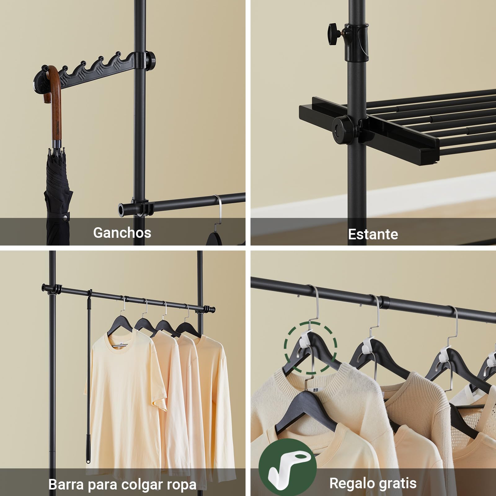SoBuy barra telescópica perchero con estantes, dormitorio | Armario abierto ajustable para ropa, perchero resistente para vestidor y dormitorio, diseño negro, FRG34-II-SCH