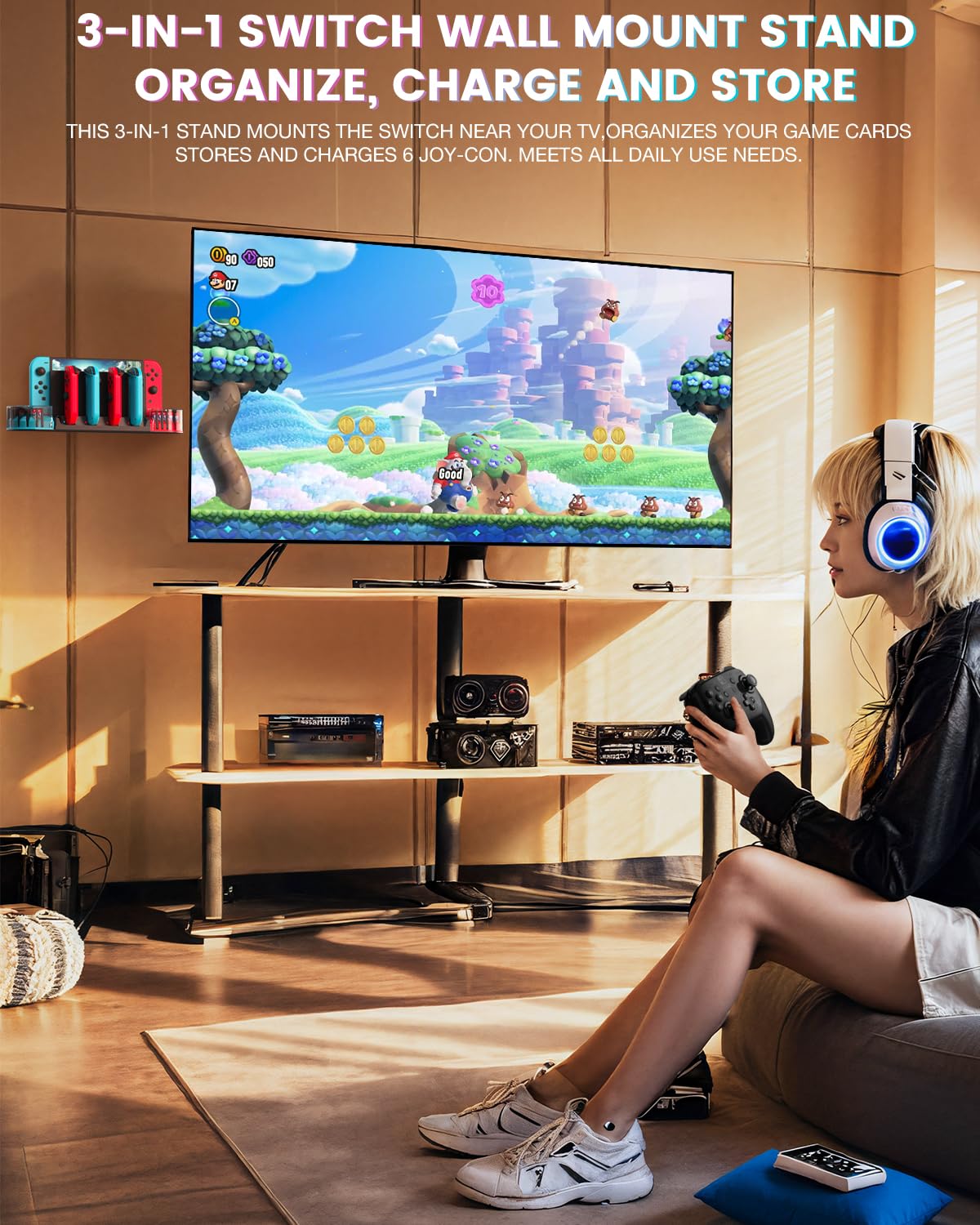 KUNSLUCK Switch Wandhalterung mit J-Con Ladegerät, Wandhalterung Kit Regal für Switch/OLED, Wandhalterung Switch Ladestation mit 20 Spielkarten Speicher und 6 Ladegeräte für J-Con (Schwarz)