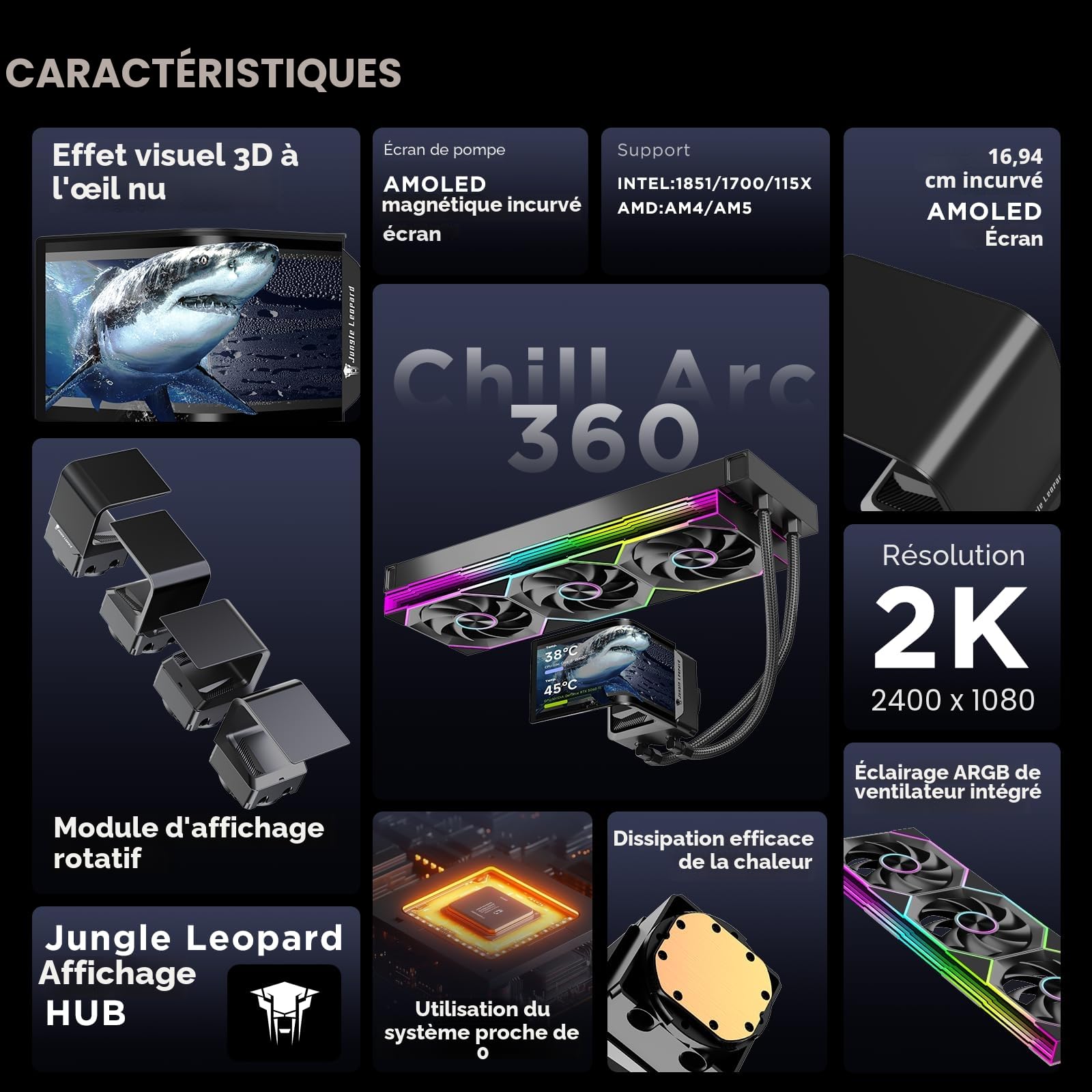 TZMRIT CA360 ARGB AIO 360 mm AIO 6,67" AMOLED Écran incurvé 3D Effet anamorphe Réglable AIO Refroidissement à eau 360 mm 320 W TDP pour Intel LGA 1851/1700 AMD AM5/AM4 (BK)