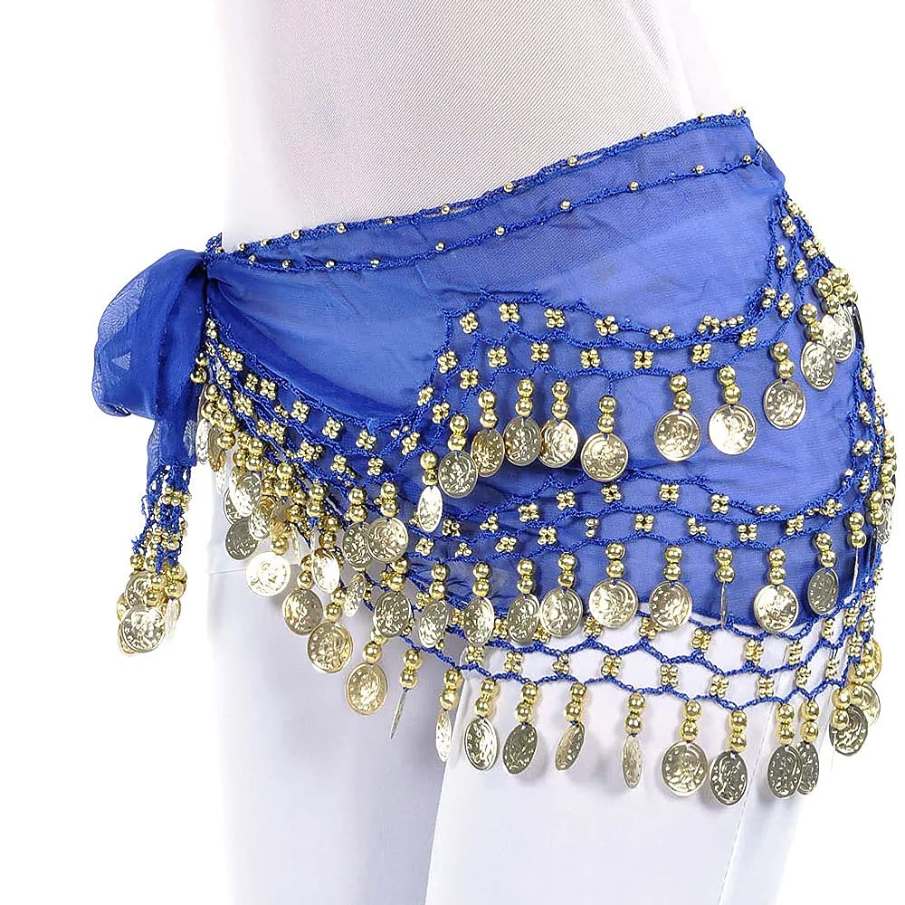 Mszsa Women's Blue 3 Rows Belly Dance Hip Scarf Wrap Belt Dancer Skirt Costume Coins (Blue)