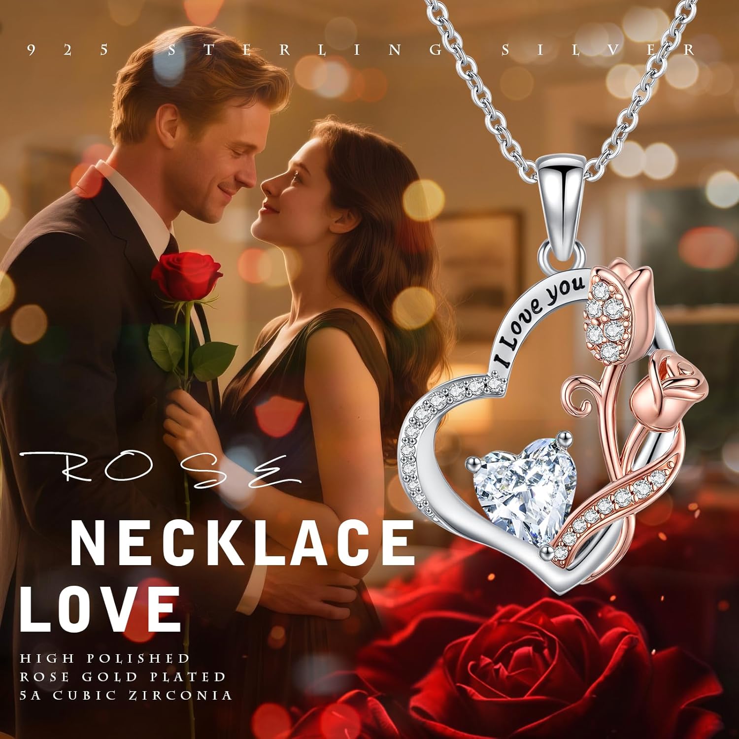 Rose Heart Necklace for Women 14K Rose Gold/White Gold Filled I Love You Pendant Anniversary Birthday Christmas Valentine's Day Jewelry Gifts for Women Her Wife Daughter, Birthstone Jewelry with 18+2 Inch Chain - Image 7