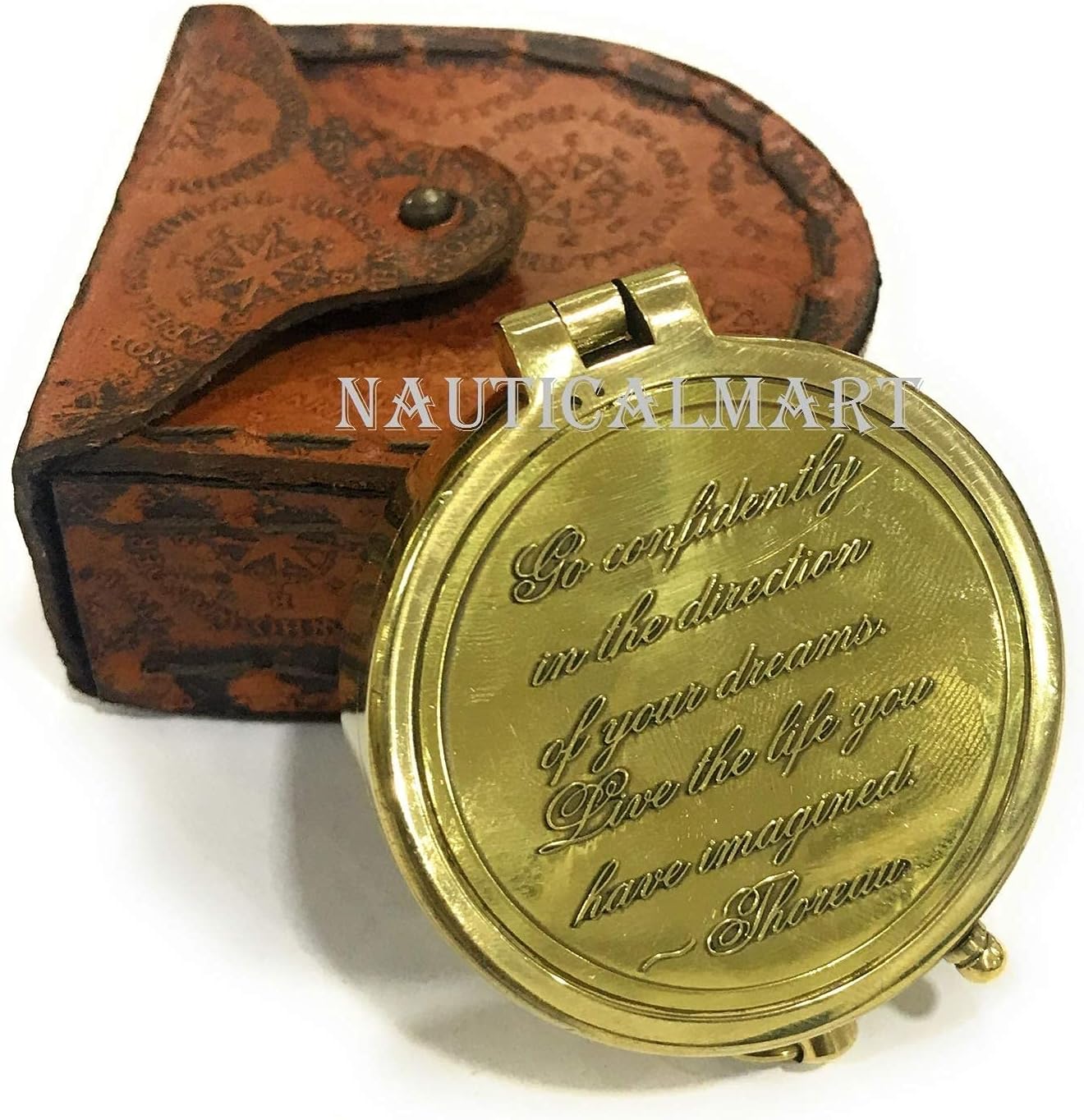 NauticalMart Thoreau Stamped Quote Go Confidently Compass with Not All Those Stamped Leather Case