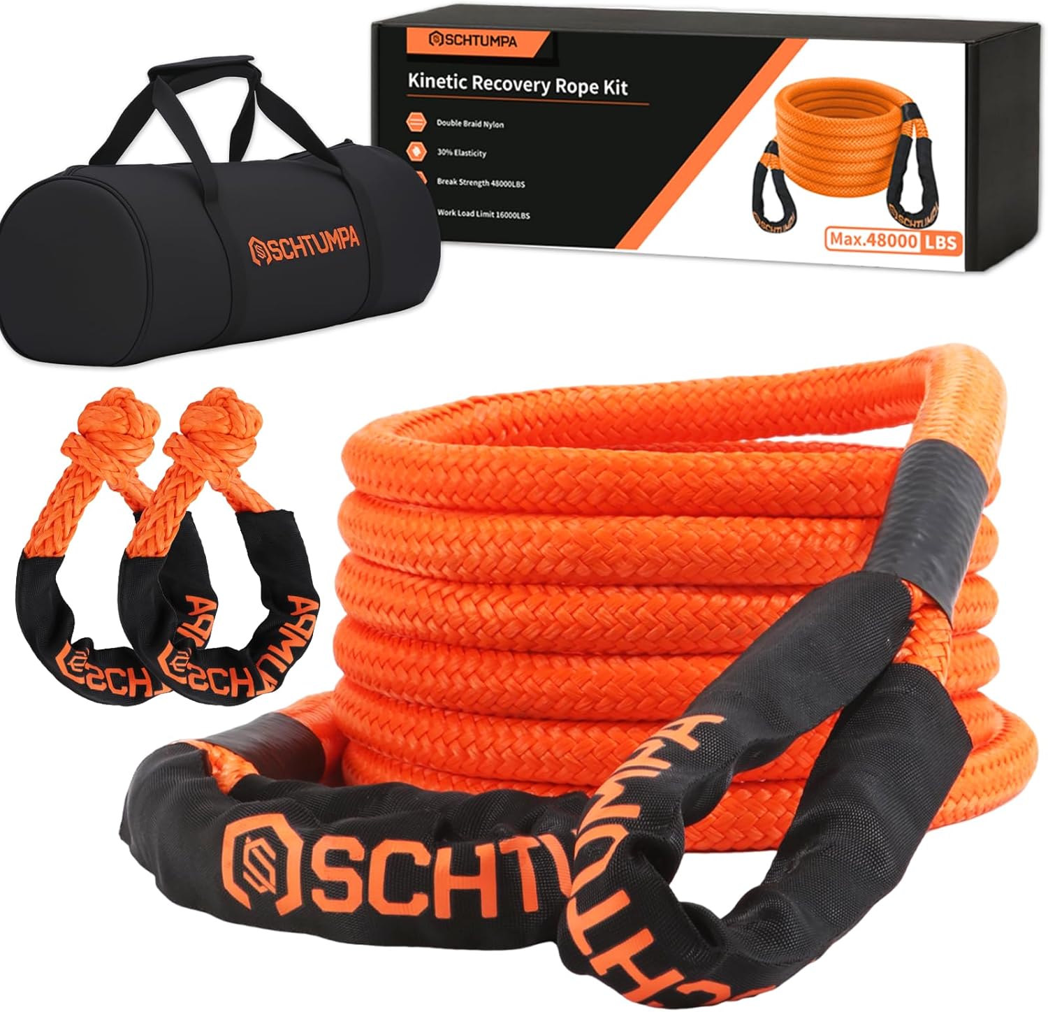 Kinetic Recovery Tow Rope, 1in x 20ft, 48000Lbs, Heavy Duty Towing Straps Kit with 1/2' X 22 Inch Soft Shackles for SUV UTV ATV Tractor Car Jeep 4x4 Offroad Vehicle