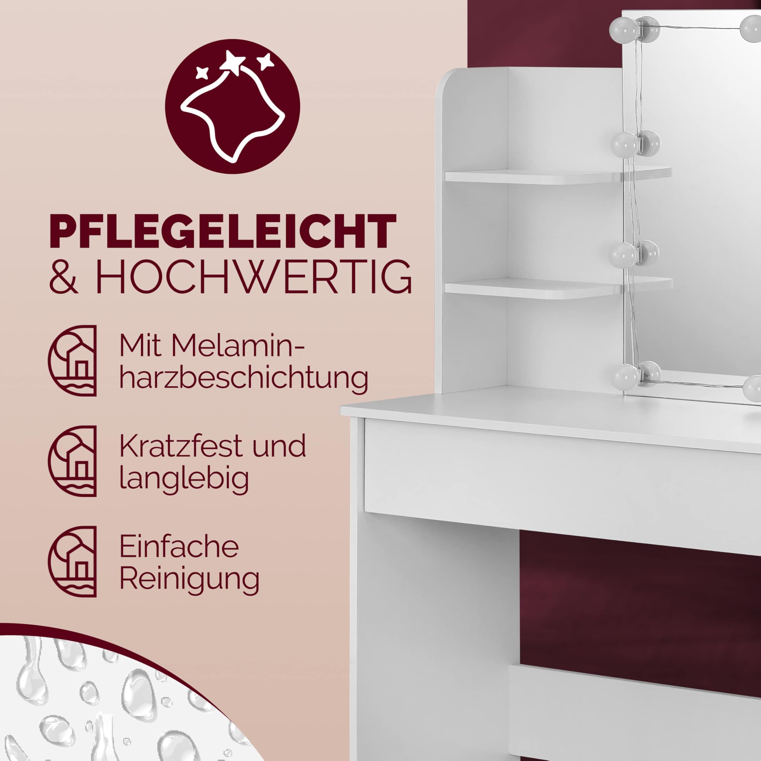 Casaria® Schminktisch mit LED Beleuchtung und Spiegel | 110x40cm, Holz, Frisiertisch, Kosmetiktisch, 10 Glühbirnen, Fernbedienung, Schublade, Organizer, 4 Ablagen, Vanity Desk
