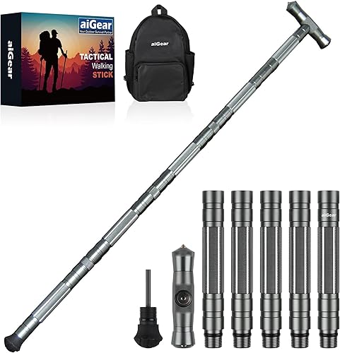 aiGear G2 Tactical Stick Hiking Walking Staff - Trekking Poles Outdoor Adjustable Hiking Stick for Camping Hiking 5 Tubes Gray