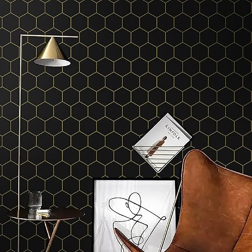 Miniatura 5 de Papel tapiz geométrico negro para despegar y pegar, papel de contacto dorado y negro, rollo decorativo para estantes y cajones, 17.3" x 393" -