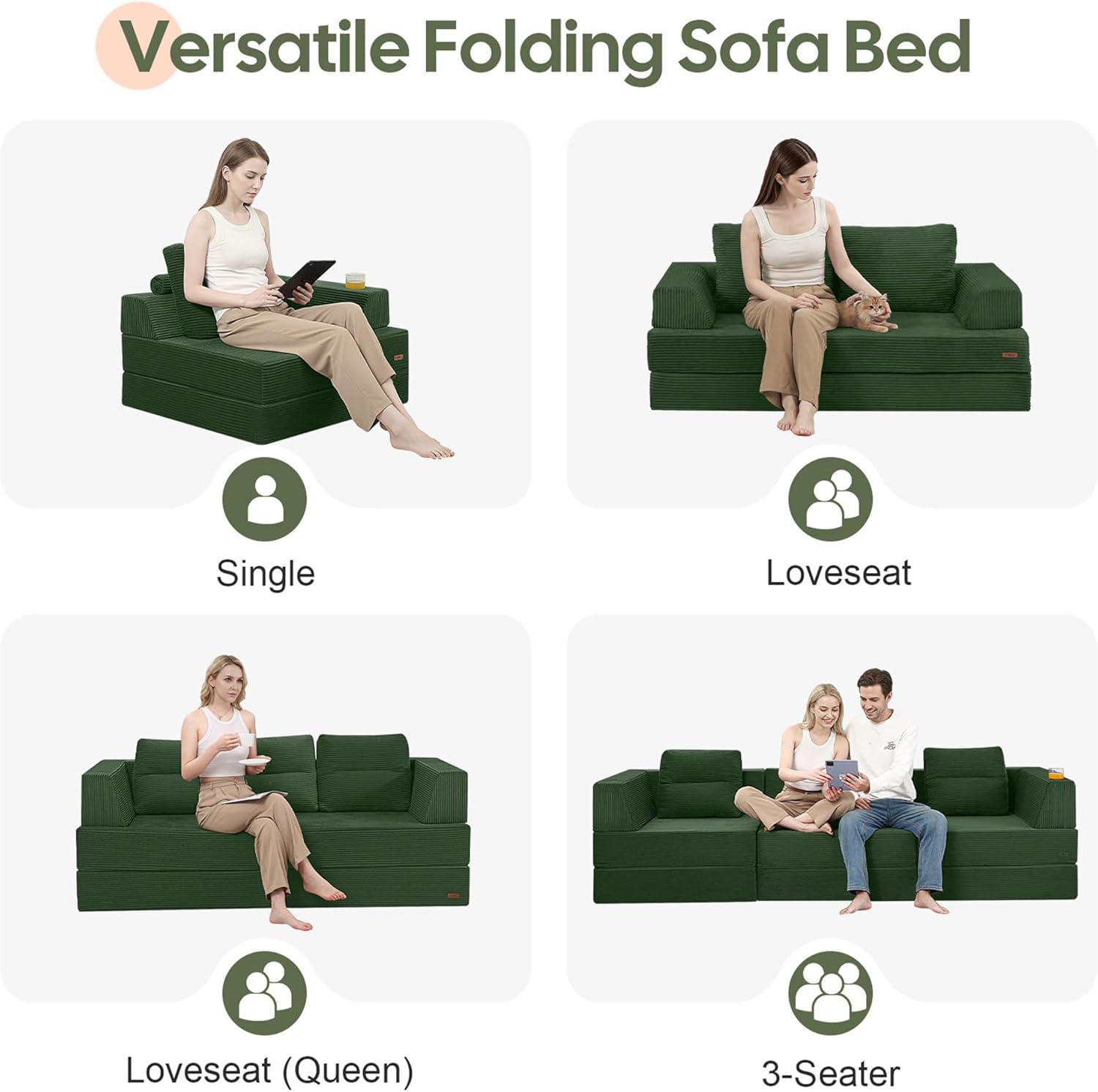AX Folding Sofa Bed, Foldable Couch for Bedroom, Corduroy Convertible