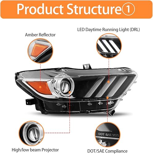 Miniatura 3 de AUTOWIKI Faros delanteros para Ford Mustang 2015-2017 con carcasa negra reflector ámbar lente transparente 2PCS