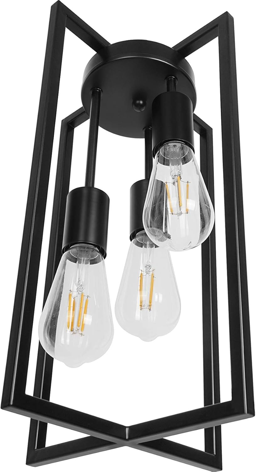 Free Shipping Over $50 Modern Industrial Farmhouse Pendant Lighting , Rectangle Metal Cage Chandelier Hanging Light Fixture for Kitchen Island, Dining Room, Entryway, Hallway (Black , 3-Light)