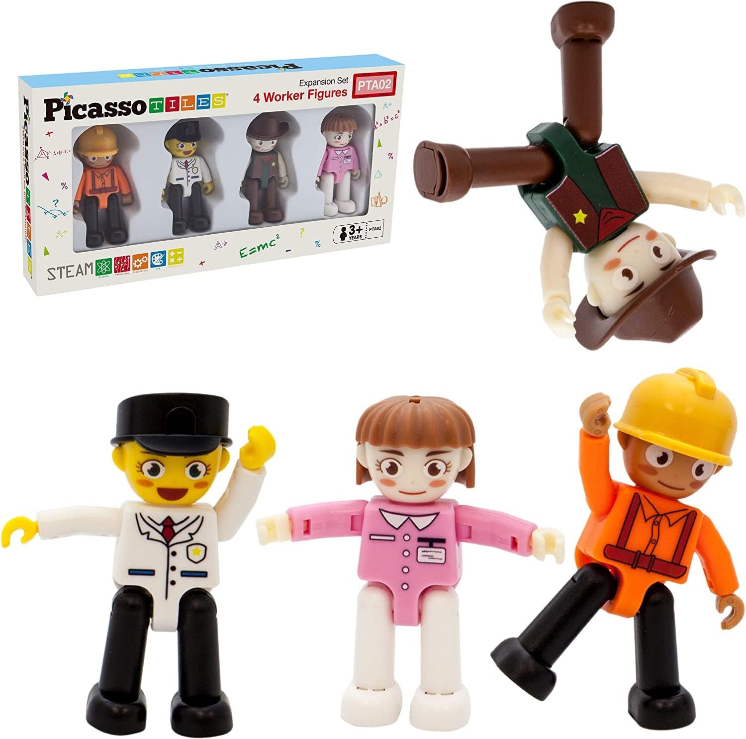 PicassoTiles Magnetic Brick and Tile Combo Set + Profession Figures, 353pcs Magnetic Brick Tile and Magnetic Tile Action Figures, 4pc Profession Character Action Figures Magnet Add-on Pretend Playset