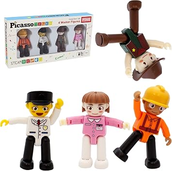 PicassoTiles Magnetic Brick and Tile Combo Set + Profession Figures, 353pcs Magnetic Brick Tile and Magnetic Tile Action Figures, 4pc Profession Character Action Figures Magnet Add-on Pretend Playset