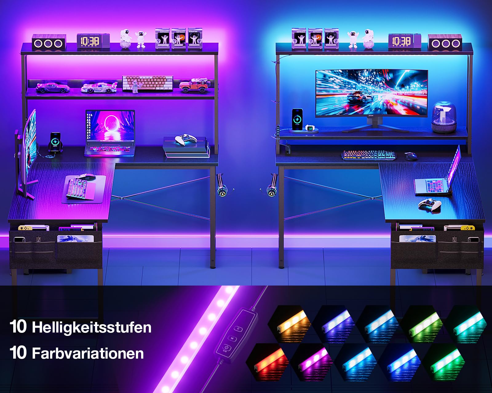 Coleshome Gaming Tisch L Form mit LED & Steckdosen, 110 × 80 cm Reversibel Gaming Schreibtisch mit Ablageregalen, Eckschreibtisch mit Aufbewahrungstasche für Homeoffice und Gaming, Schwarz