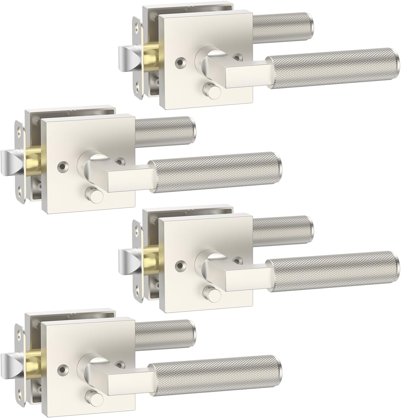 FILTA 4 Pack Brushed Nickel Privacy Door Handles, Knurled Door Levers Interior Brushed Nickel Door Lever Bathroom Door Knobs Heavy Duty Square Door Lock