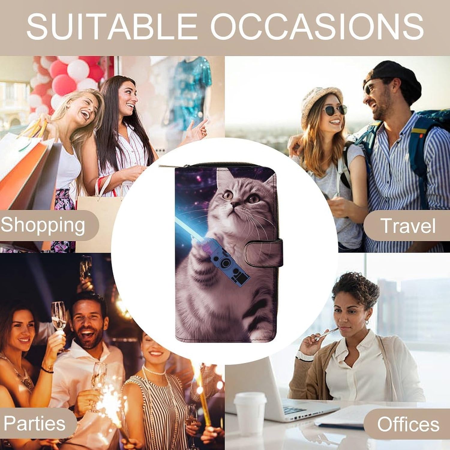 Wristlet Wallets for Women, Space Laser Cat Novelty Cute Funny Printed Ladies PU Vegan Leather Clutch Wallet Zip Around Phone Purse Card Holder Organizer,Work & Daily Use