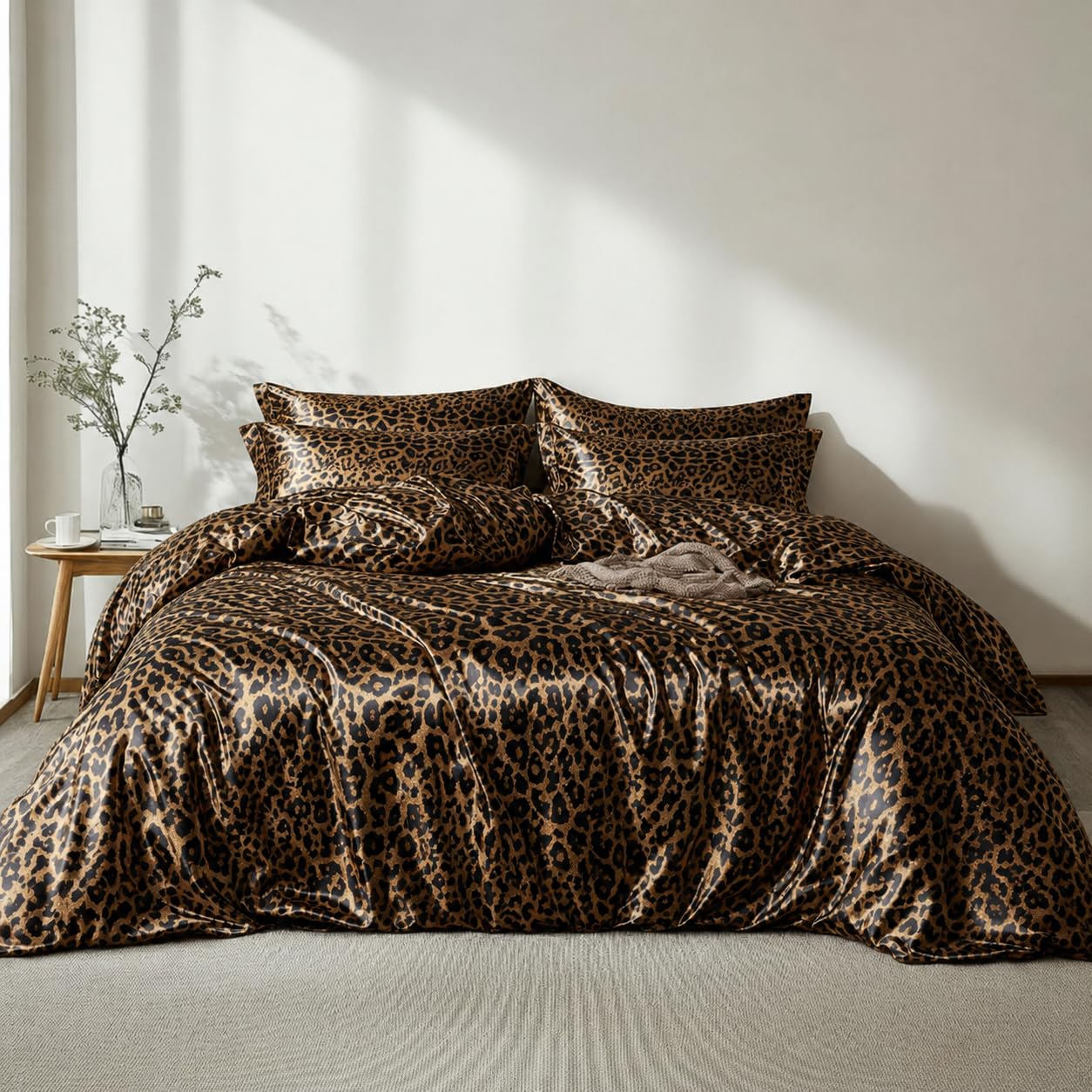 Lanqinglv Housse de Couette Satin 240x260 avec 2 Taies d'oreiller 65x65cm Imprimé Léopard Parure de Lit Adulte Ado 2 Personnes Linge de Lit Satin de Soie Soyeux Brillante avec Fermeture Éclair