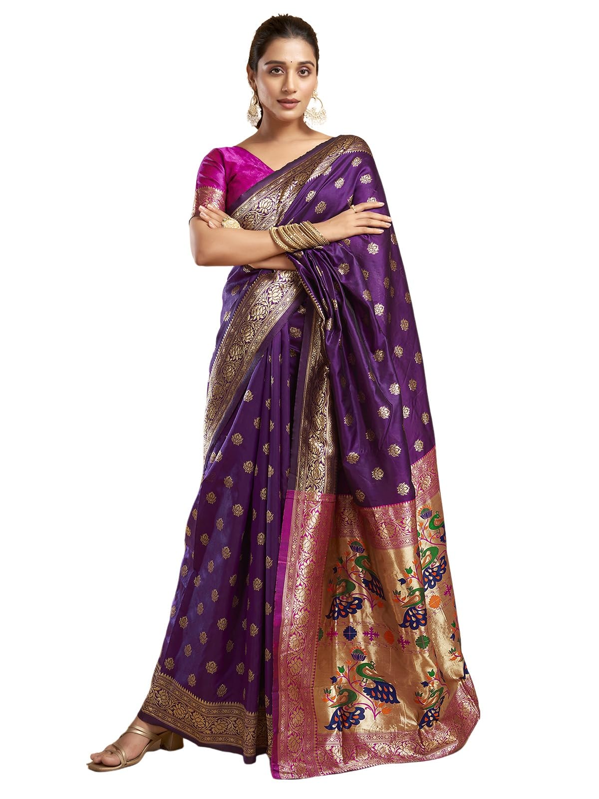 Satrani Women's Silk Blend Paithani Jacquard Saree With Unstitched Blouse Piece (3806S533N_Dark Purple & Magenta)