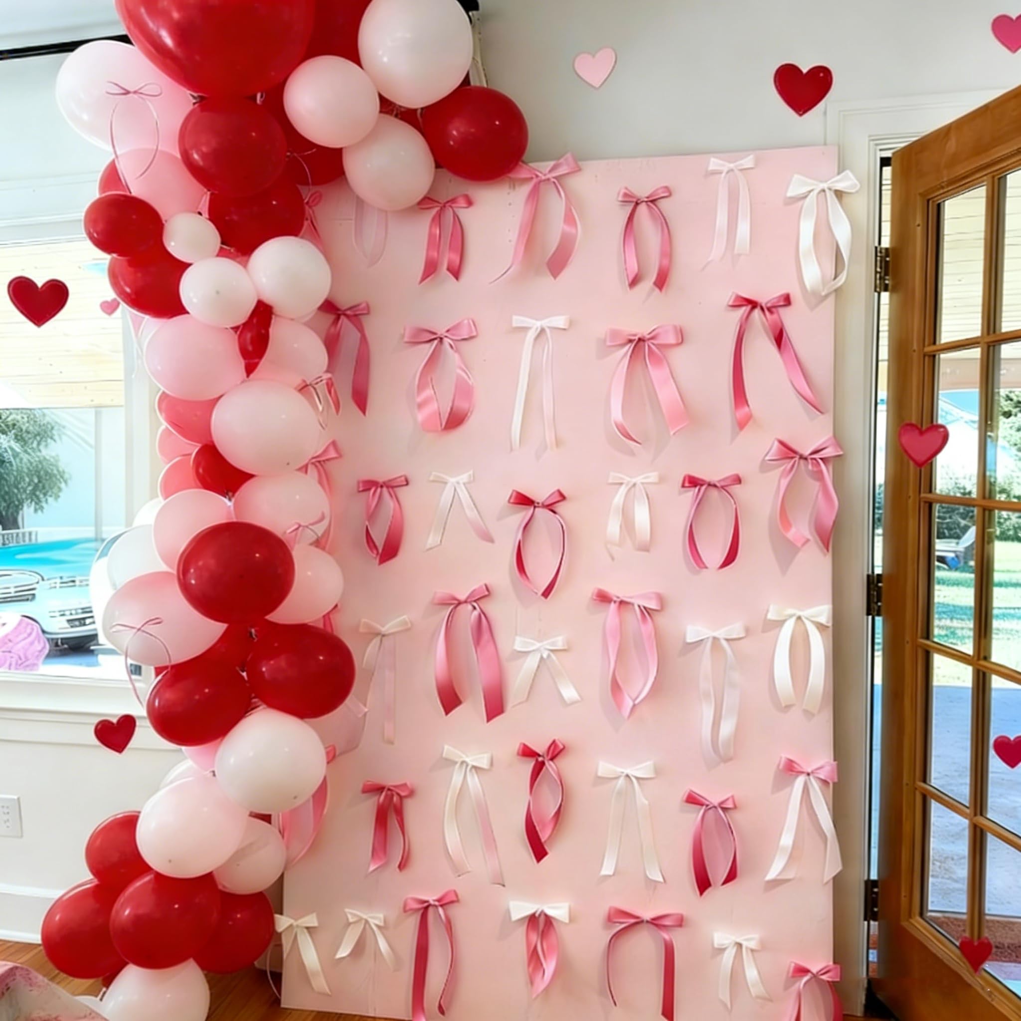 Whaline 46Pcs Valentine's Day Pink Ribbon Bow Wall Decor DIY Bow Backdrop Photo Props for Coquette Birthday Baby Shower Bachelorette Wedding Party Room Decoration, 4 Sizes