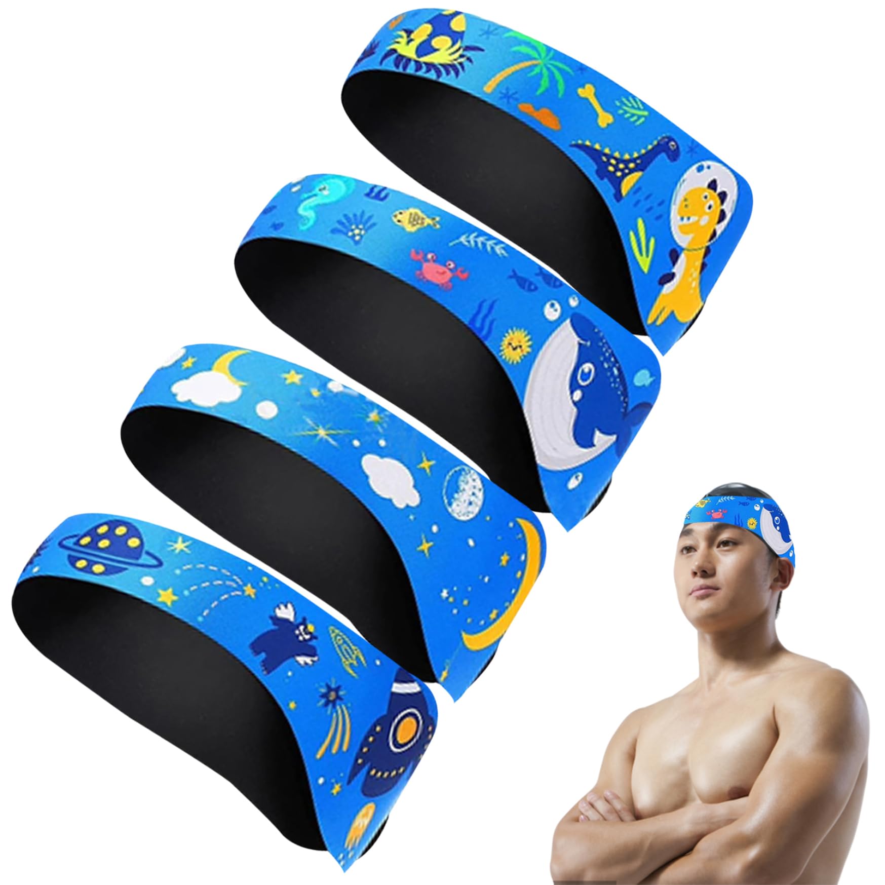 Kids Swimming Headband 4Pcs Waterproof Swim Ear Band Cute Elastic Hair Band Ear Protection Band Adjustable for Swimming Surfing Blue Summer Sports Accessories