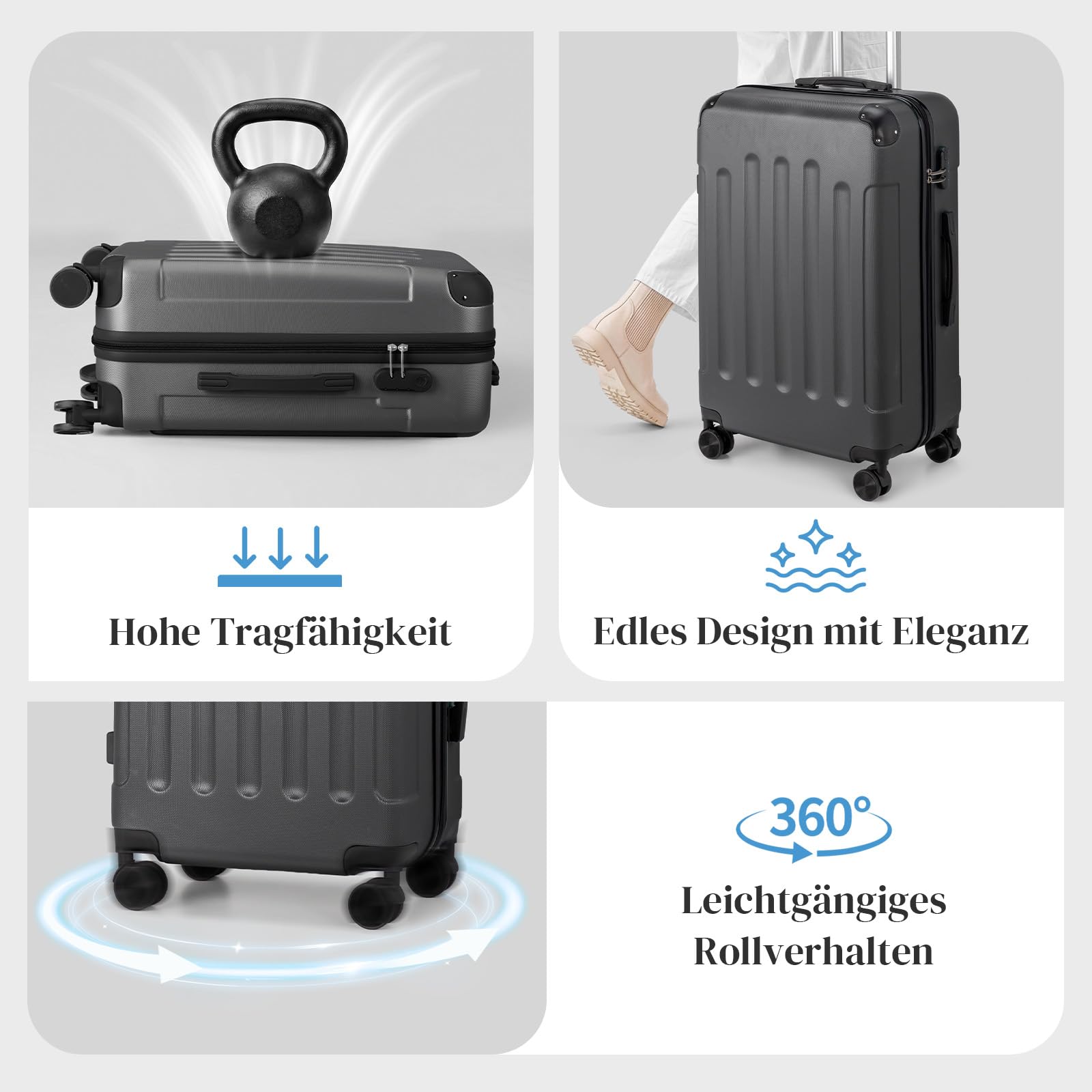 LEADZM Koffer Set 5 teilig Hartschale mit Kosmetikkoffer, Kofferset mit verstärkten Ecken, Reisekoffer mit Rollen Groß, Handgepäck, Hartschalenkoffer Set aus ABS, Koffer & Trolleys (Dunkelgrau)