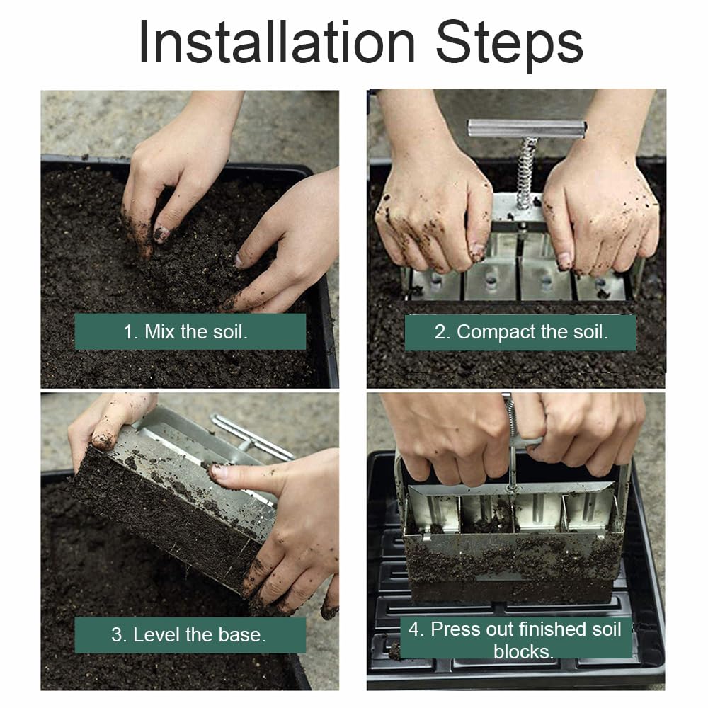 Pressa manuale per terra, 4 celle, 5 cm, strumento per blocco di terra manuale con 3 dimensioni di picchetti per semi, per piantine, giardino, allevamento
