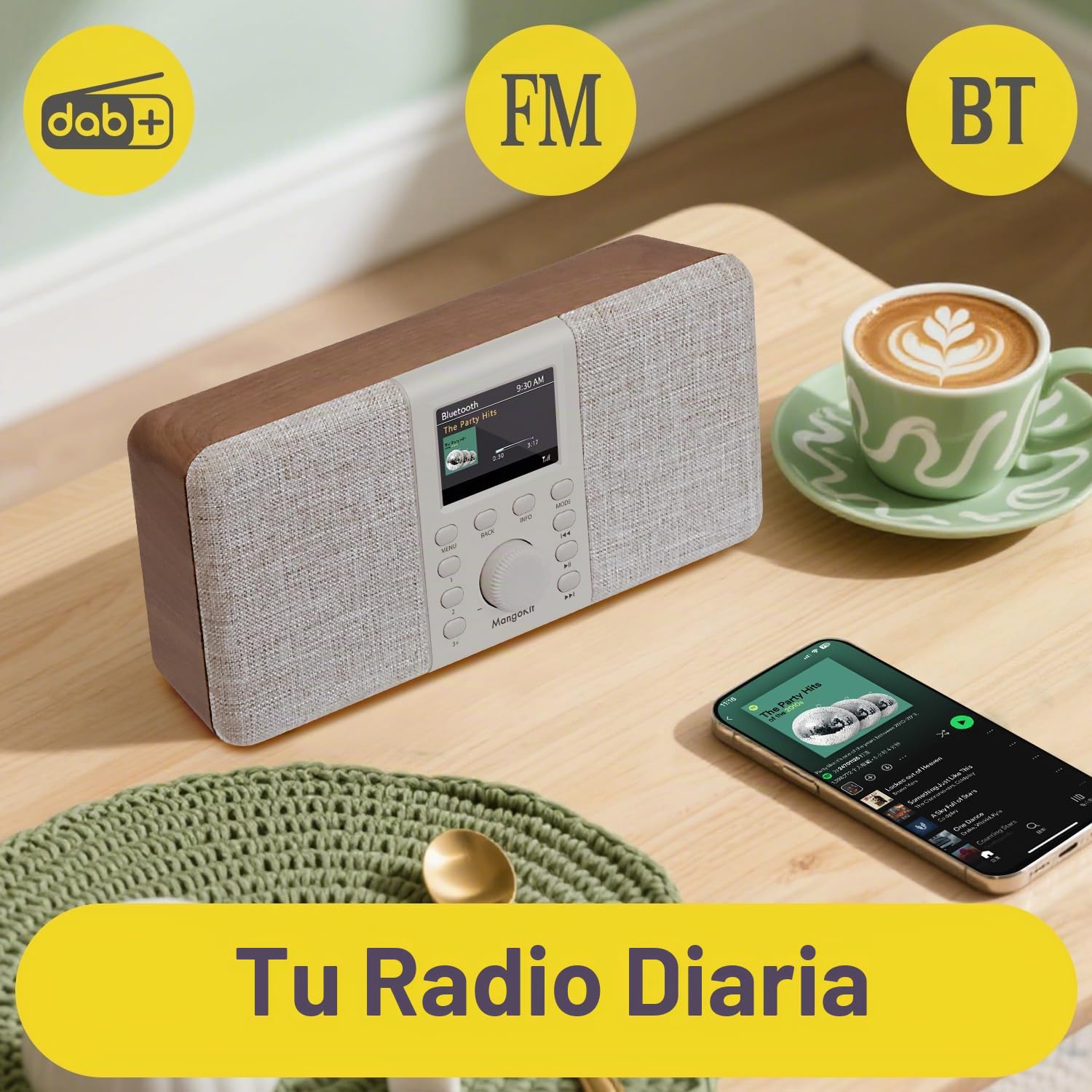 MD5 Dab Estéreo con Altavoz Bluetooth,Digital Dab+,FM de Alimentada por Red y Batería,Pantalla a Color,40Estaciones Presintonizadas,Alarmas y Reloj,Snooze,Puerto de Auriculares-Nogal