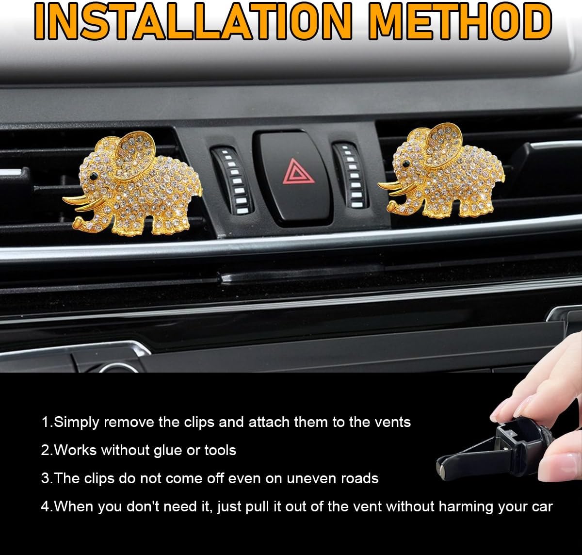 2 PCS Bling Car Air Vent Clip, Cute Heart Shaped Crystal Air Conditioning Outlet Clip, Air Fresheners Diffuser Clip Charm, Interior Decor Car Accessories For Women Girl (Golden)