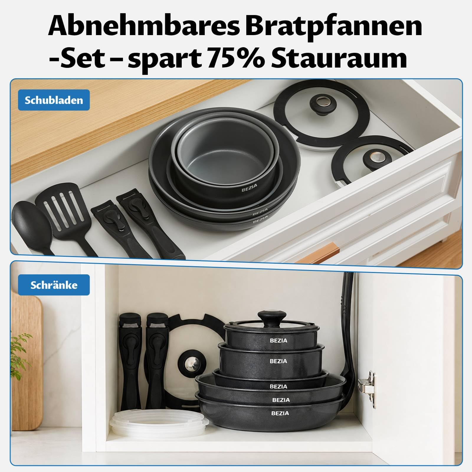 BEZIA Pfannen und Topfset mit abnehmbarem Griff, 13-tlg. Topf- & Pfannenset | Stapelbares Keramik Kochgeschirrset Induktion für Gesundes Kochen, PFAS/PTFE-frei, Ofenfest & Platzsparend für Küche/Camping