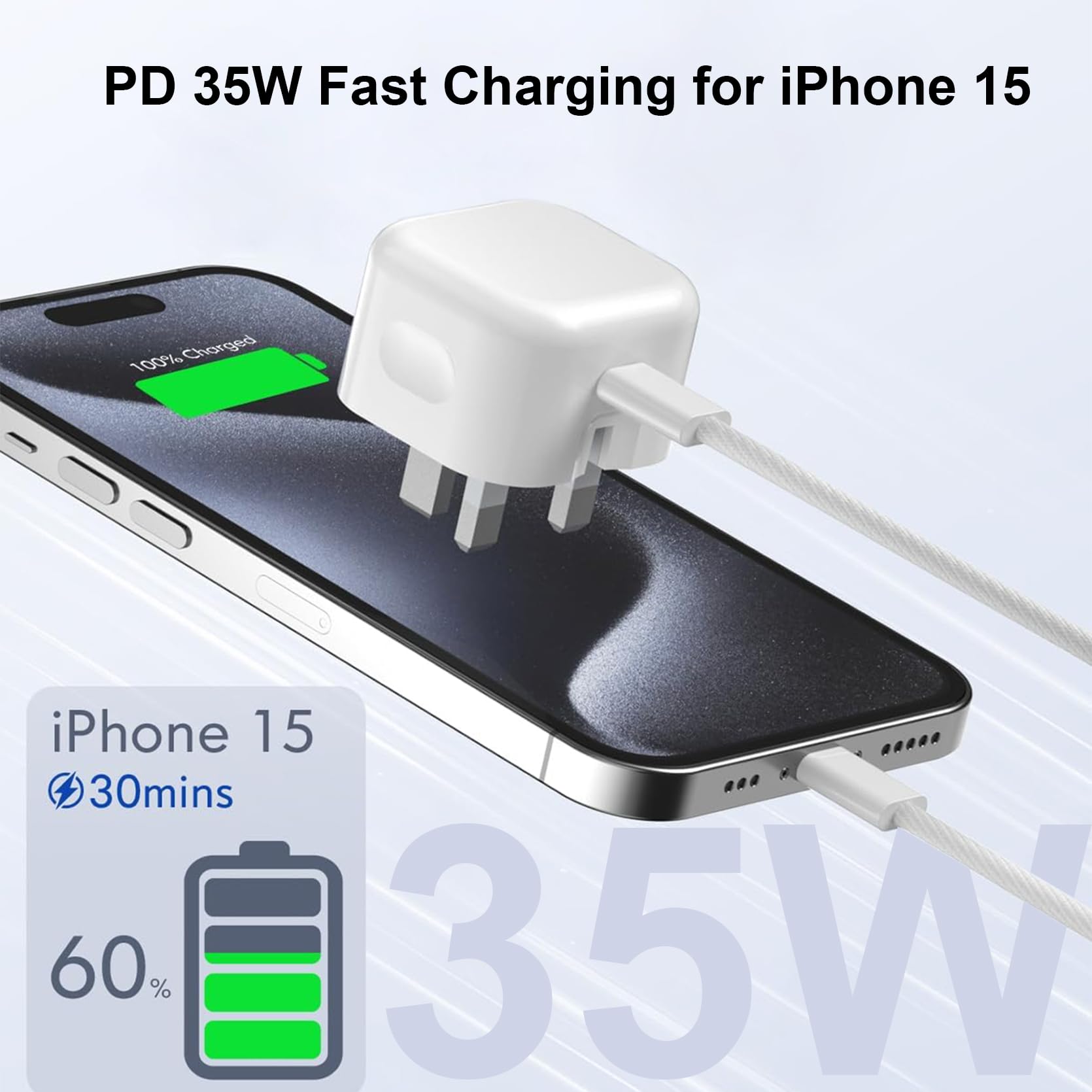 Caricabatterie rapido per iPhone 15, certificato MFi, adattatore per caricabatterie rapido USB C da 35 W con cavo di ricarica intrecciato da tipo C a USB-C da 60 W (1 m), compatibile con iPhone15/15