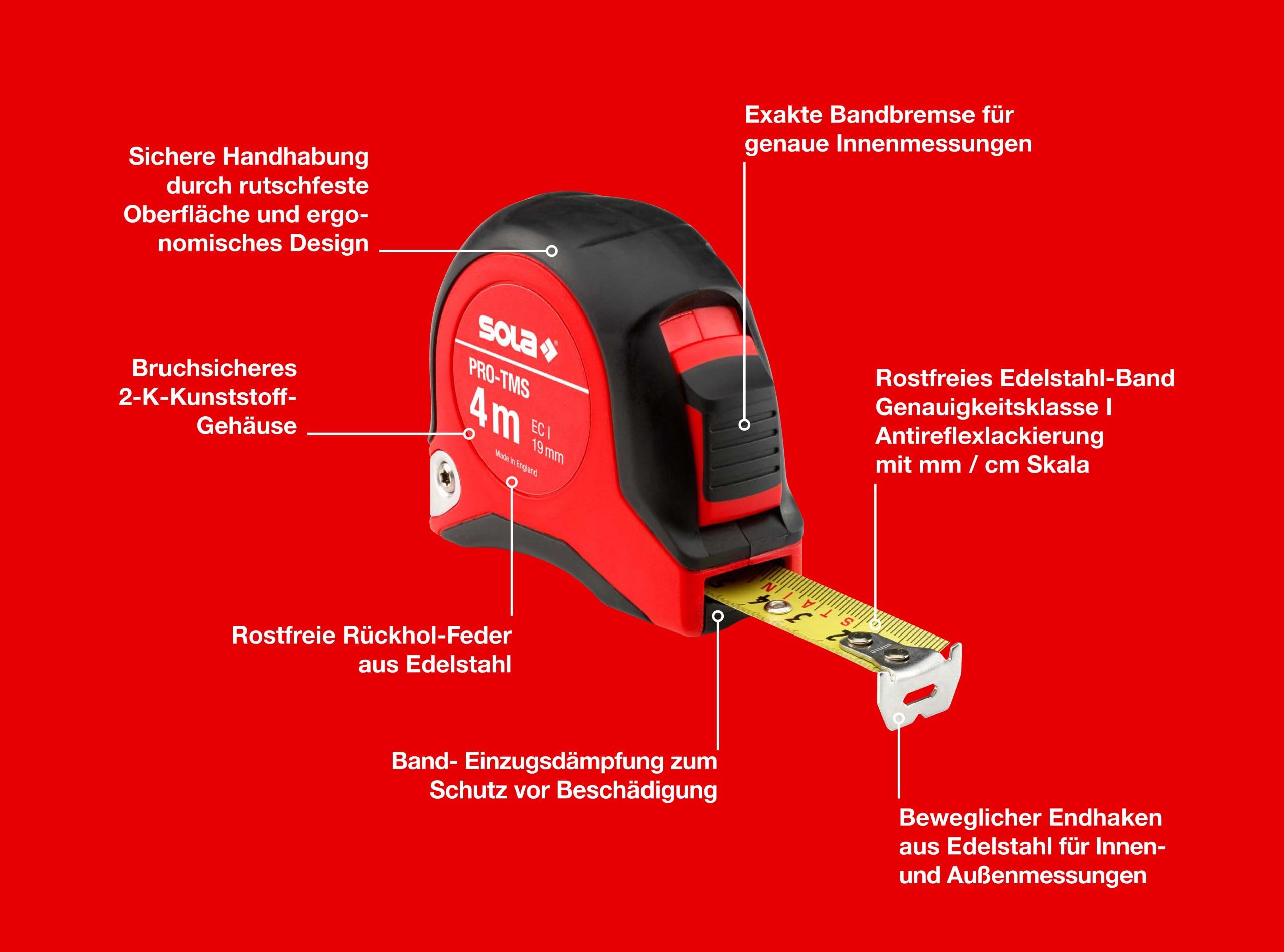 SOLA PRO-TMS - rostfreies Bandmaß 4m / 19mm - robustes Rollbandmaß aus Edelstahl, gelb lackiert mit mm Skala - Genauigkeitsklasse I - Rollmeter mit beweglichem Endhaken - Länge 4m/19mm